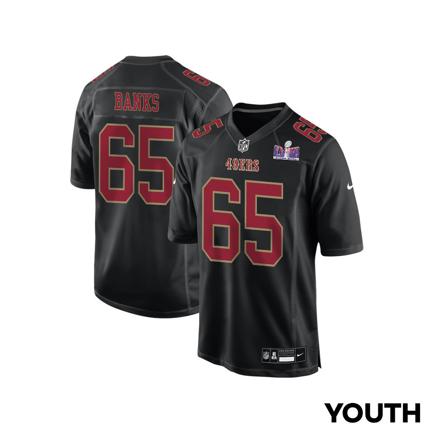 Aaron Banks 65 San Francisco 49ers Super Bowl LVIII Patch Fashion Game YOUTH Jersey - Carbon Black JS5803 nicesnker