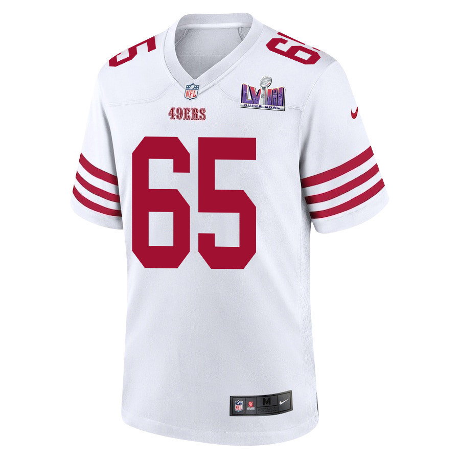 Alternative view of Aaron Banks 65 San Francisco 49ers Super Bowl LVIII Patch Game Men Jersey - White JS5274 nicesnker