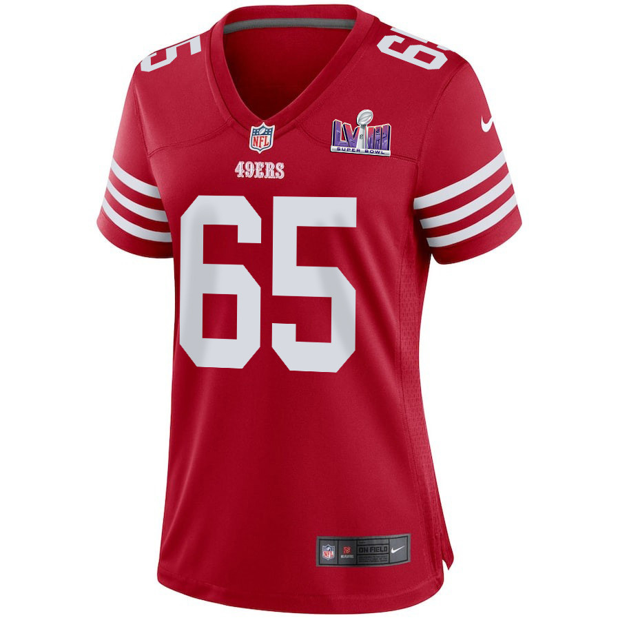 Alternative view of Aaron Banks 65 San Francisco 49ers Super Bowl LVIII Patch Game Women Jersey - Scarlet JS1392 nicesnker
