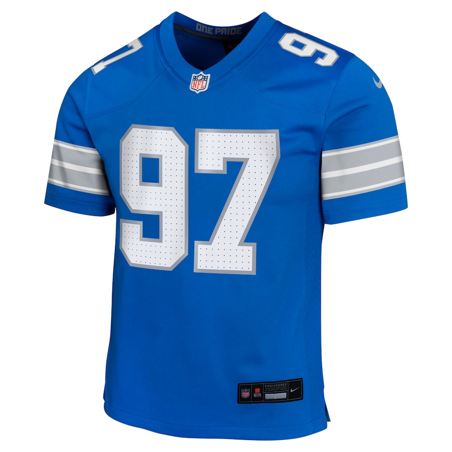 Alternative view of Aidan Hutchinson 97 Detroit Lions Team Player Game YOUTH Jersey - Blue JS2268 nicesnker