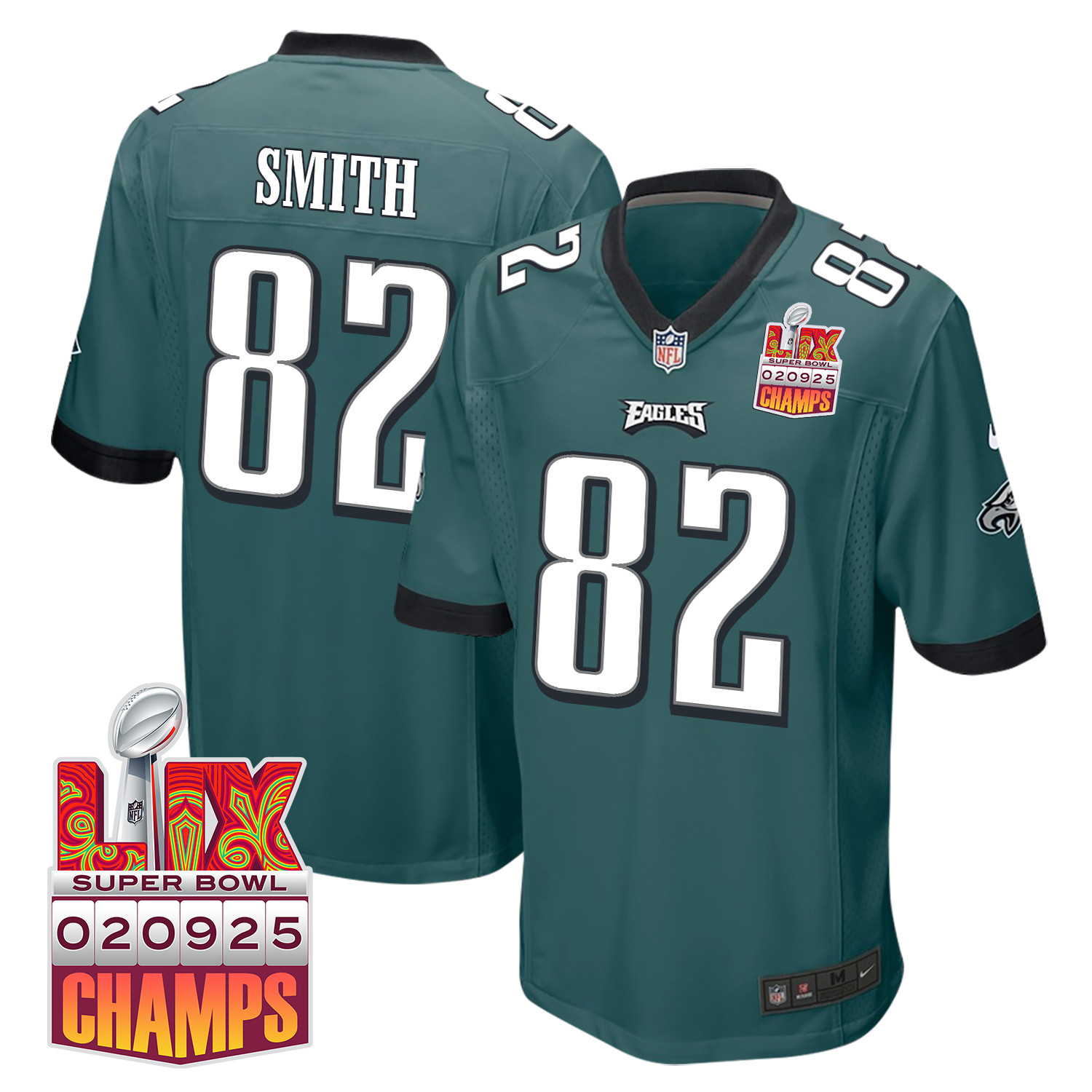 Ainias Smith 82 Philadelphia Eagles Super Bowl LIX Champions Patch Game Men Jersey - Midnight Green JS4930 nicesnker