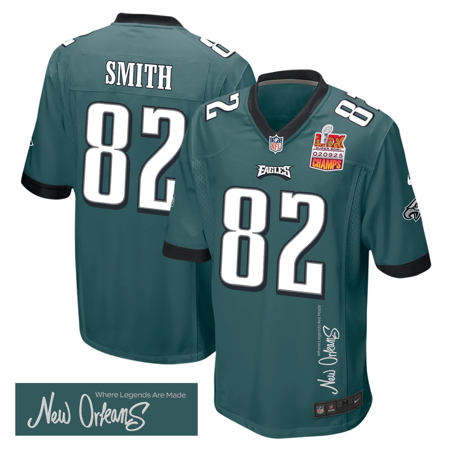 Ainias Smith 82 Philadelphia Eagles Super Bowl LIX Champions Patch 'New Orleans - Where Legends Are Made' EMBROIDERED Game Men Jersey - Midnight Green JS6248 nicesnker