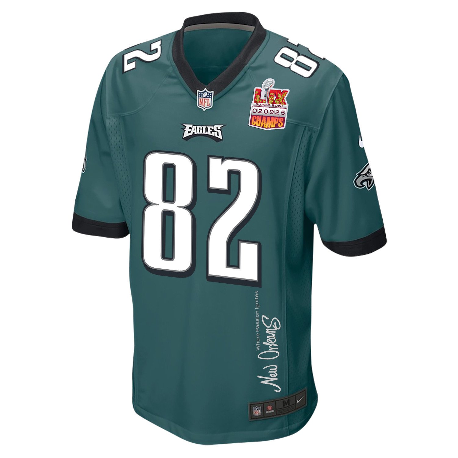 Ainias Smith 82 Philadelphia Eagles Super Bowl LIX Champions Patch 'New Orleans - Where Passion Ignites' EMBROIDERED Game Men Jersey - Midnight Green JS4174 nicesnker - Image 3
