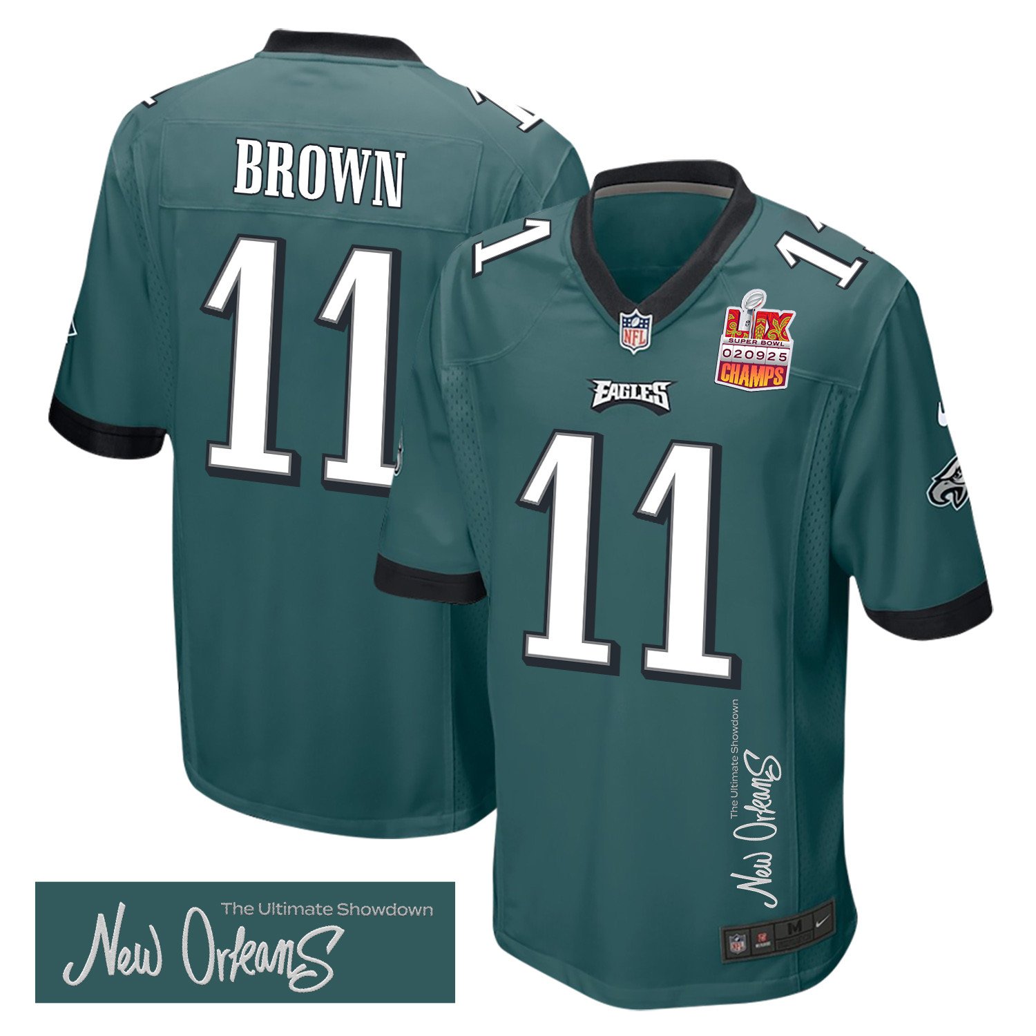 A.J. Brown 11 Philadelphia Eagles Super Bowl LIX Champions Patch 'New Orleans - The Ultimate Showdown' EMBROIDERED Game Men Jersey - Midnight Green JS6128 nicesnker