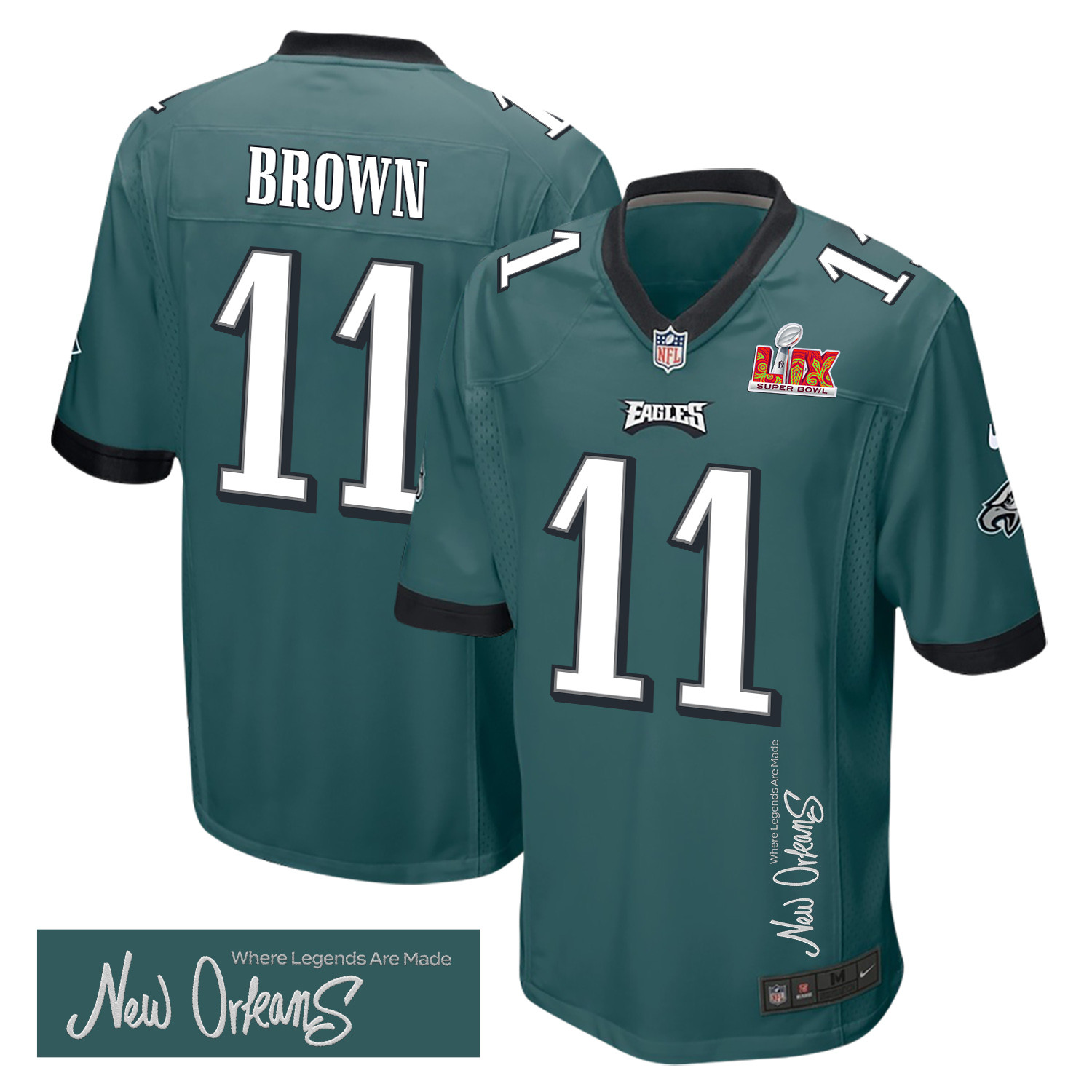 A.J. Brown 11 Philadelphia Eagles Super Bowl LIX 'New Orleans - Where Legends Are Made' EMBROIDERED Game Men Jersey - Midnight Green JS5921 nicesnker
