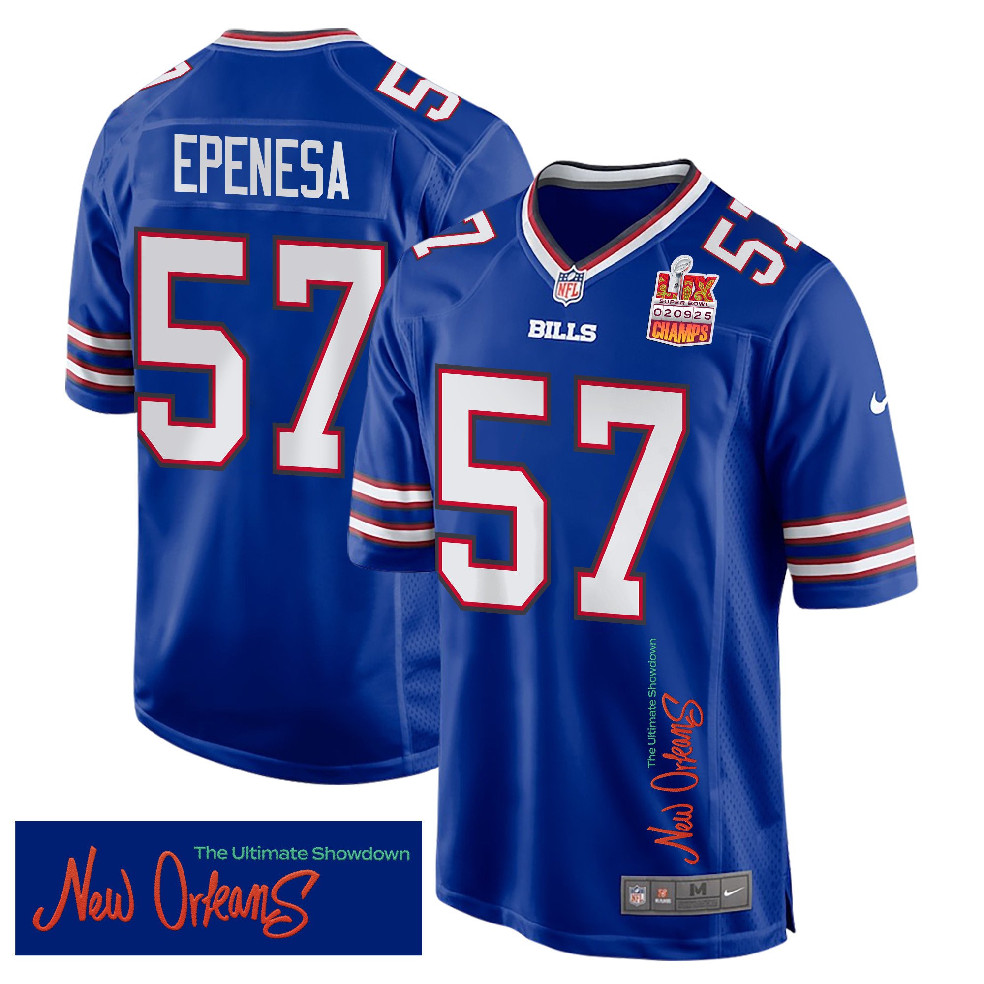 A.J. Epenesa 57 Buffalo Bills Super Bowl LIX Champions Patch 'New Orleans - The Ultimate Showdown' EMBROIDERED Game Men Jersey - Royal JS4223 nicesnker
