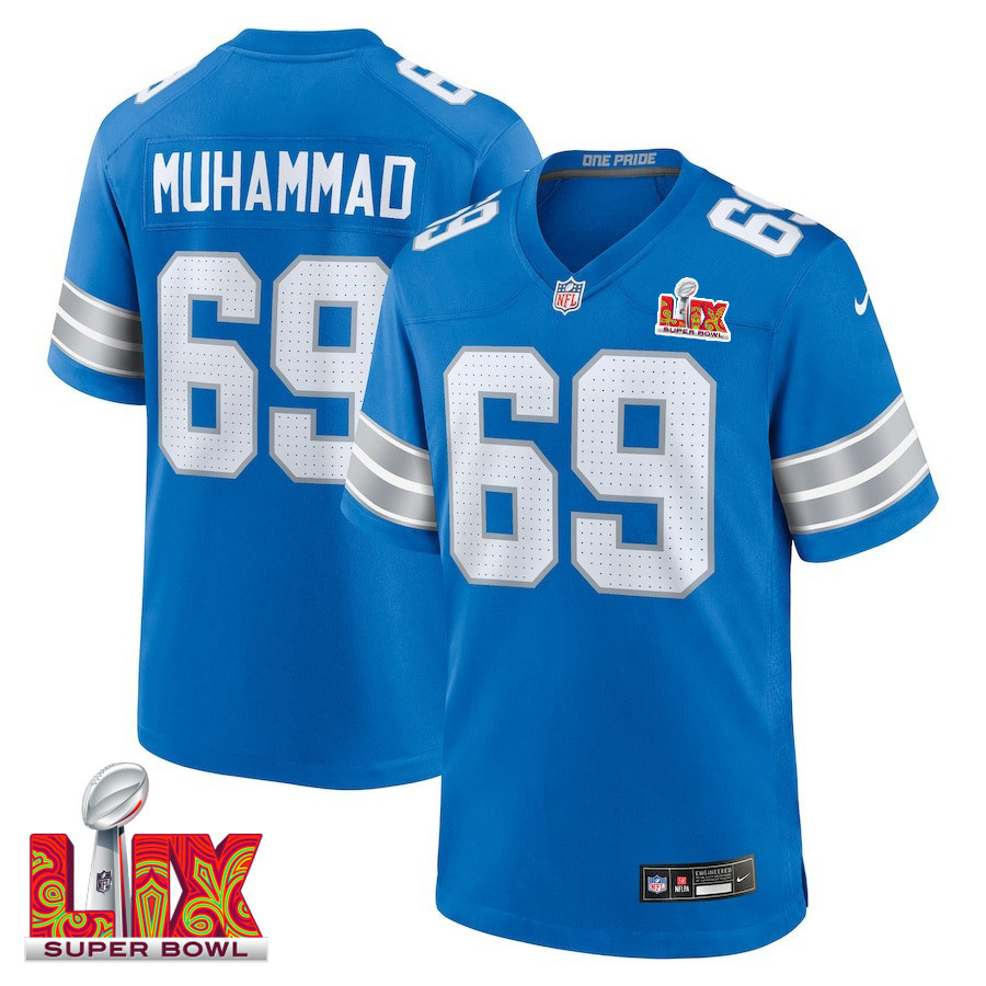 Al-Quadin Muhammad #69 Detroit Lions Super Bowl LIX Jersey - Men's - Blue JS2206 nicesnker