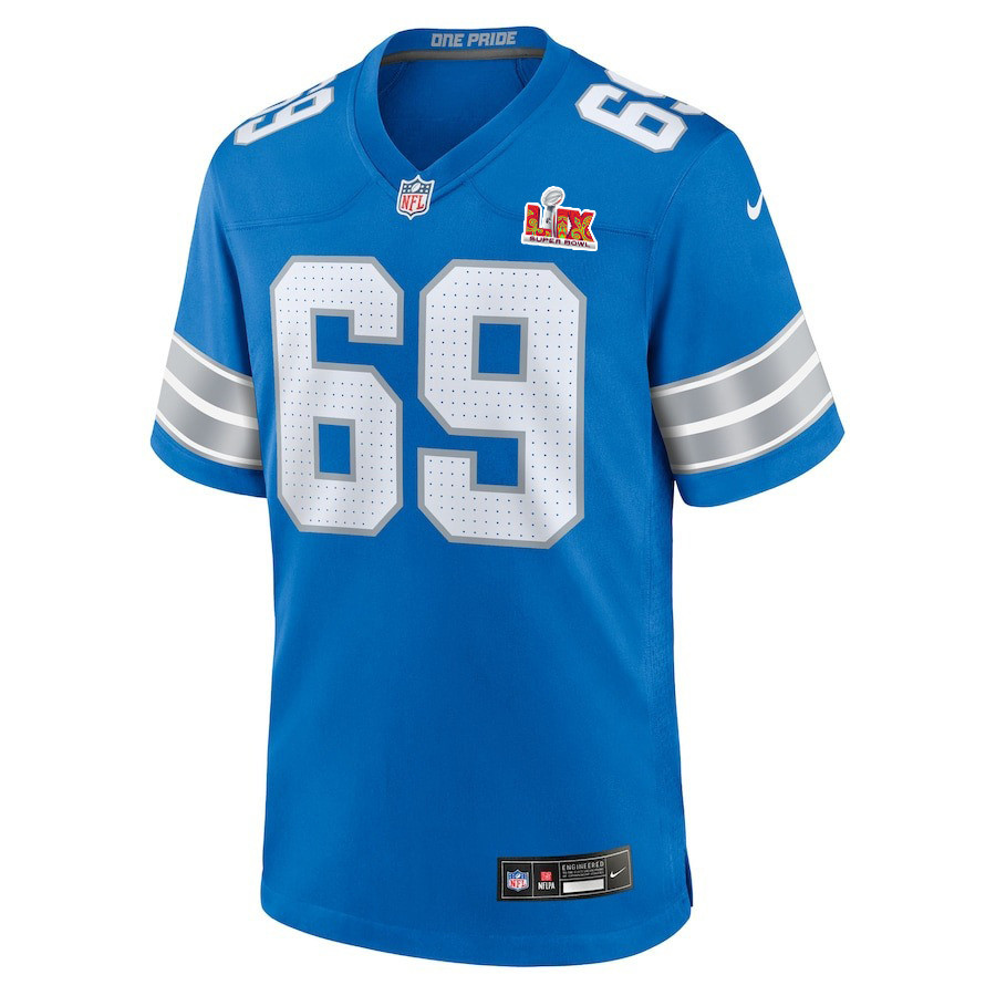 Alternative view of Al-Quadin Muhammad #69 Detroit Lions Super Bowl LIX YOUTH Jersey - Blue JS8272 nicesnker