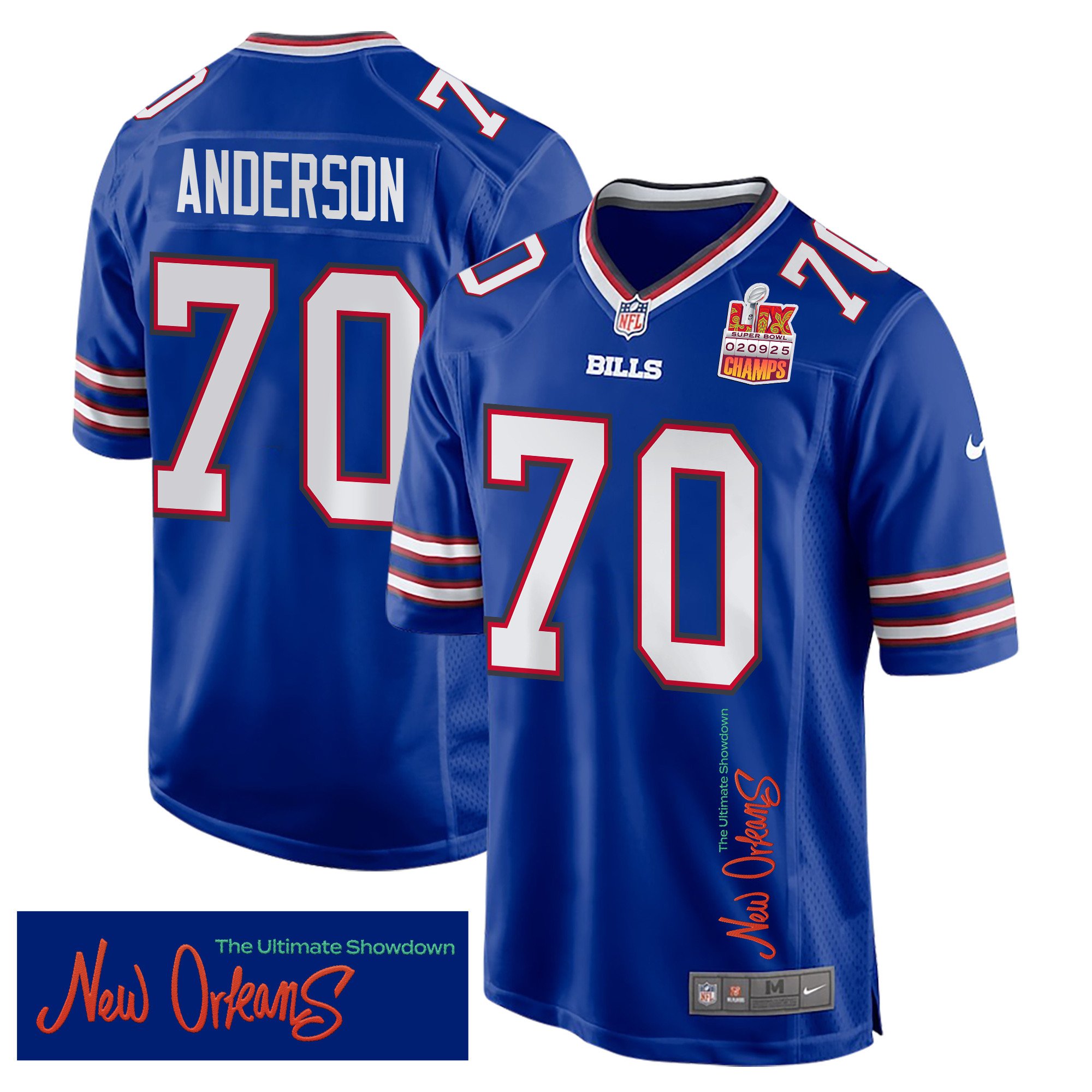 Alec Anderson 70 Buffalo Bills Super Bowl LIX Champions Patch 'New Orleans - The Ultimate Showdown' EMBROIDERED Game Men Jersey - Royal JS8270 nicesnker