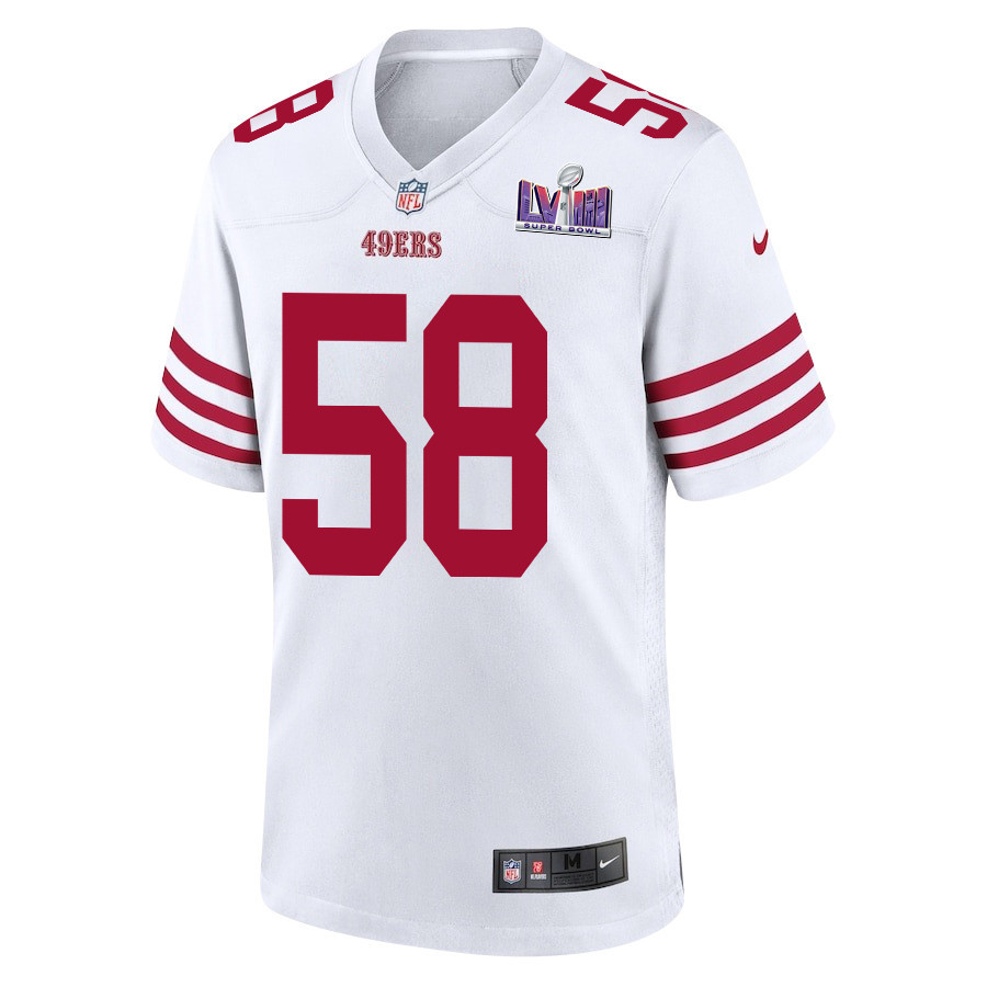 Alternative view of Alex Barrett 58 San Francisco 49ers Super Bowl LVIII Patch Game Men Jersey - White JS4747 nicesnker