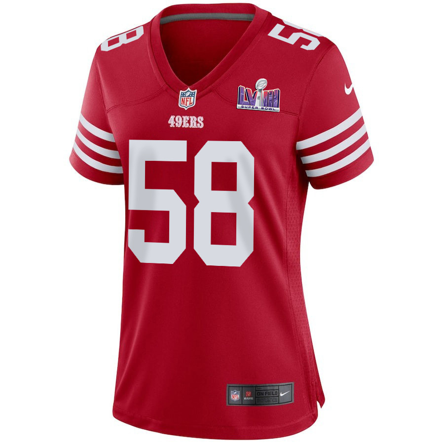 Alternative view of Alex Barrett 58 San Francisco 49ers Super Bowl LVIII Patch Game Women Jersey - Scarlet JS3209 nicesnker