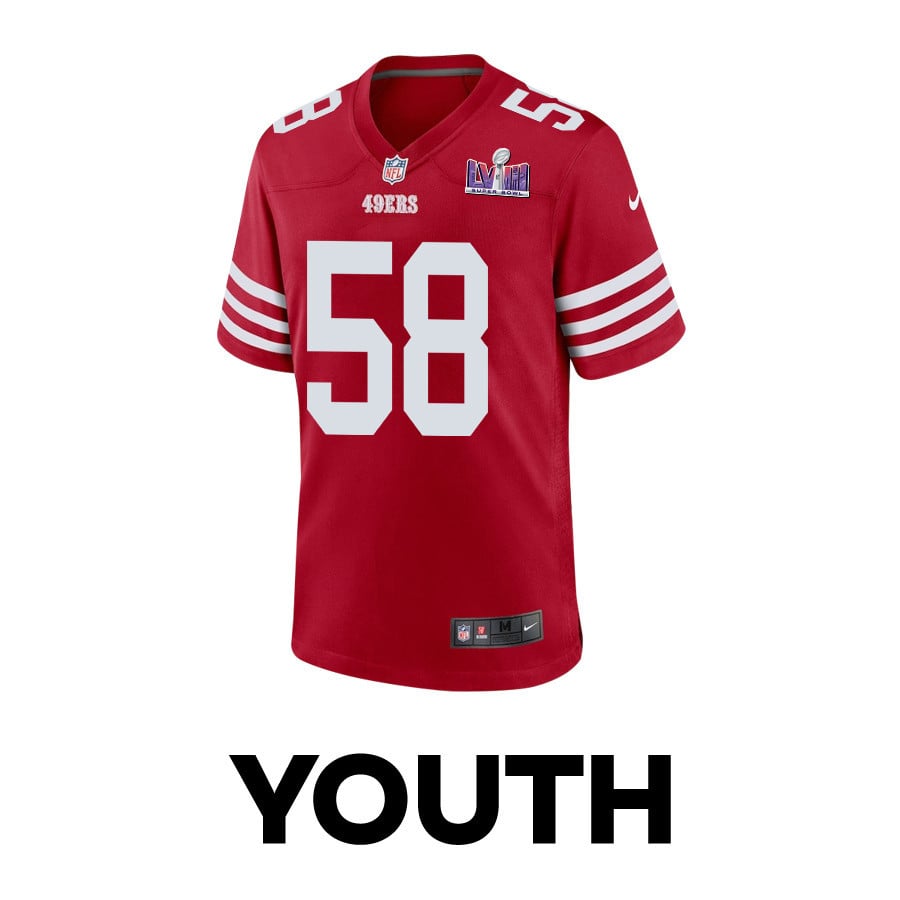 Alternative view of Alex Barrett 58 San Francisco 49ers Super Bowl LVIII Patch Game YOUTH Jersey - Scarlet JS2760 nicesnker
