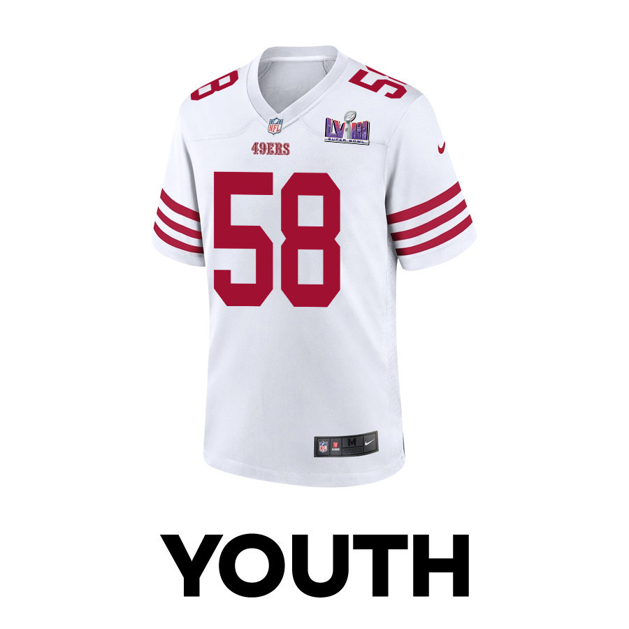 Alternative view of Alex Barrett 58 San Francisco 49ers Super Bowl LVIII Patch Game YOUTH Jersey - White JS8391 nicesnker