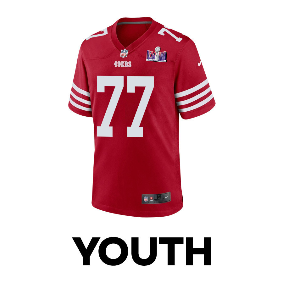 Alternative view of Alfredo Gutierrez 77 San Francisco 49ers Super Bowl LVIII Patch Game YOUTH Jersey - Scarlet JS6259 nicesnker