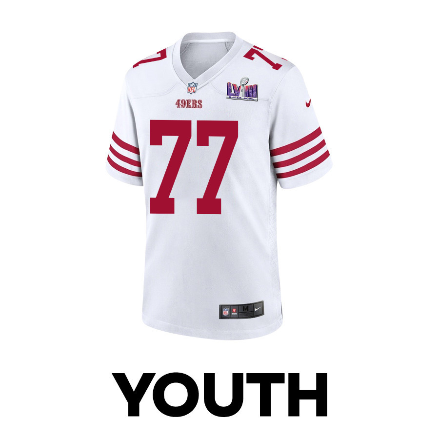 Alternative view of Alfredo Gutierrez 77 San Francisco 49ers Super Bowl LVIII Patch Game YOUTH Jersey - White JS5808 nicesnker