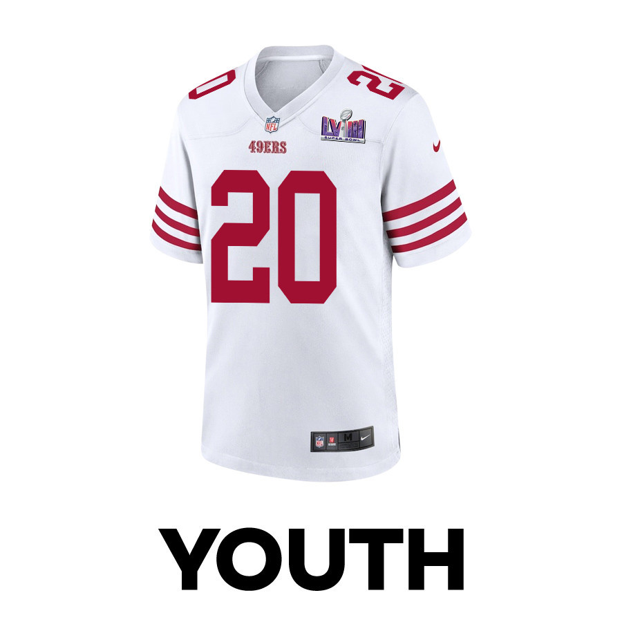 Alternative view of Ambry Thomas 20 San Francisco 49ers Super Bowl LVIII Patch Game YOUTH Jersey - White JS2098 nicesnker