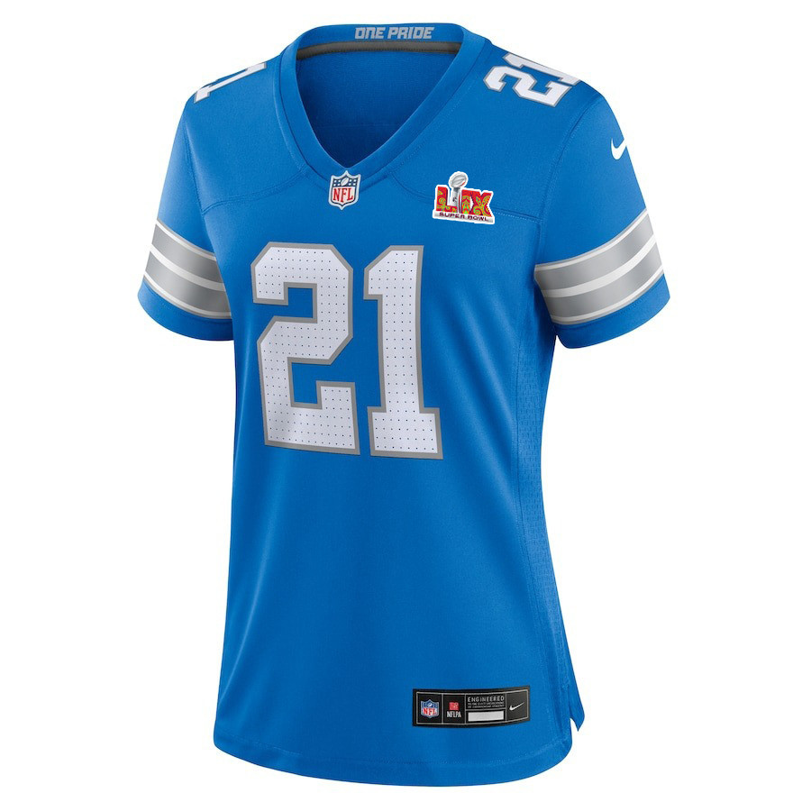 Alternative view of Amik Robertson #21 Detroit Lions Super Bowl LIX Women's Jersey - Blue JS2392 nicesnker