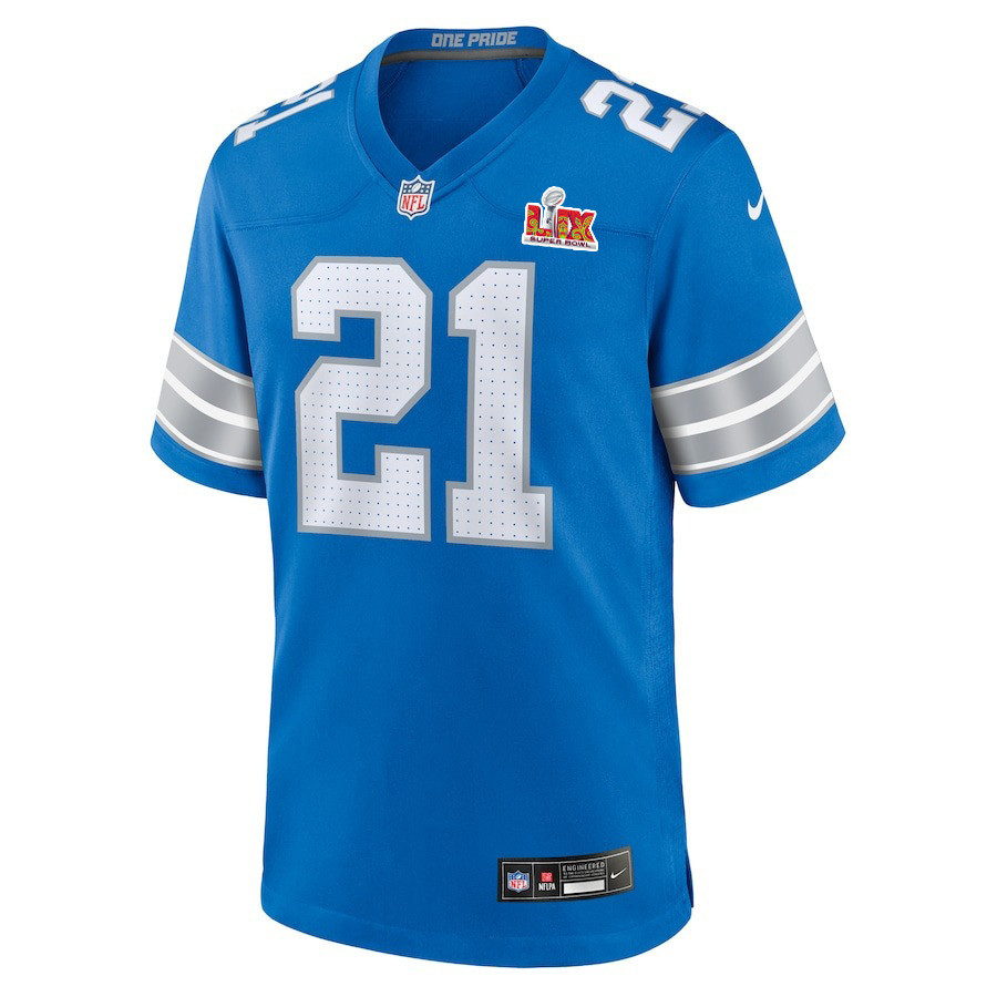 Alternative view of Amik Robertson #21 Detroit Lions Super Bowl LIX YOUTH Jersey - Blue JS3309 nicesnker