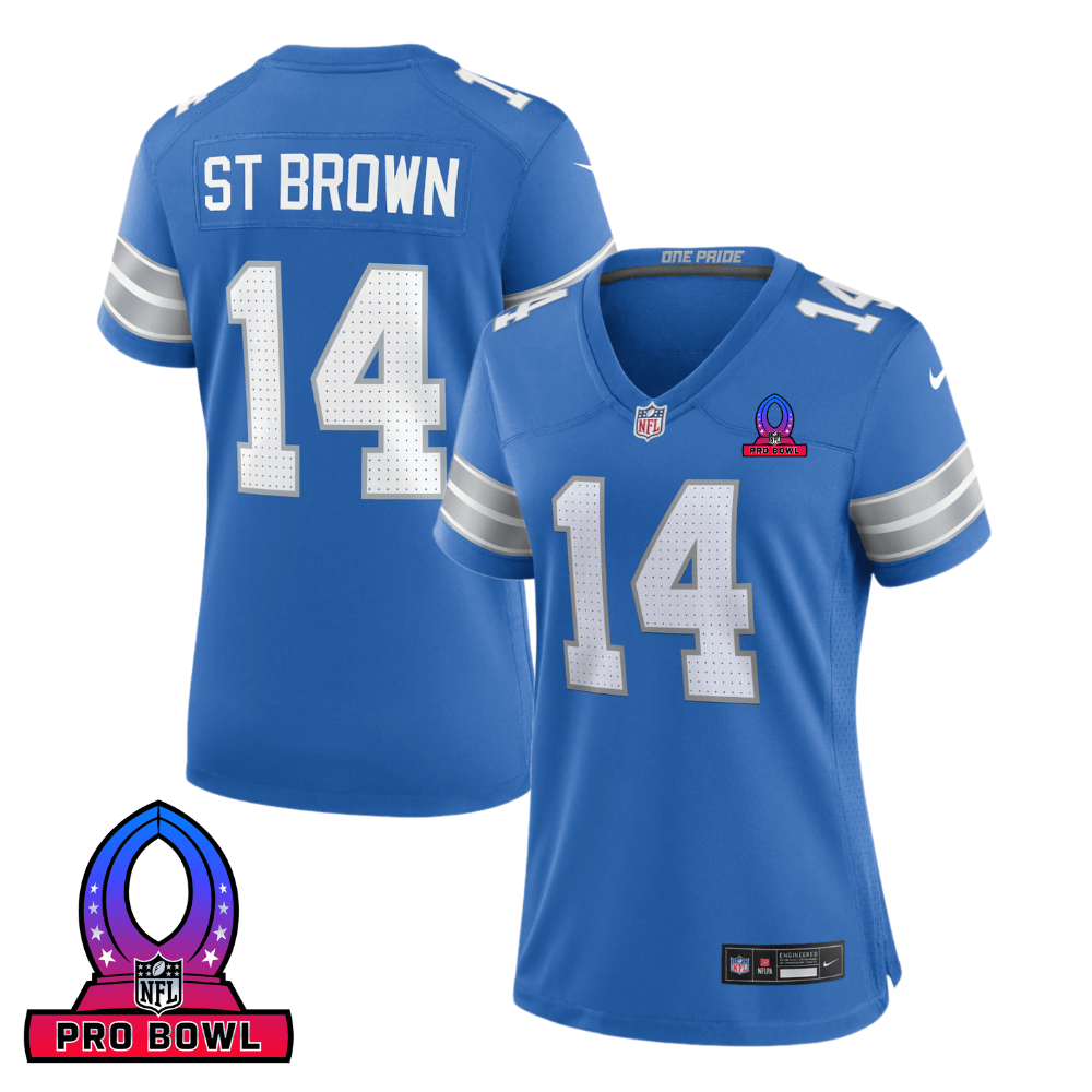 Amon-Ra St. Brown 14 Detroit Lions 2025 Pro Bowl Patch Women Game Jersey - Blue JS5321 nicesnker