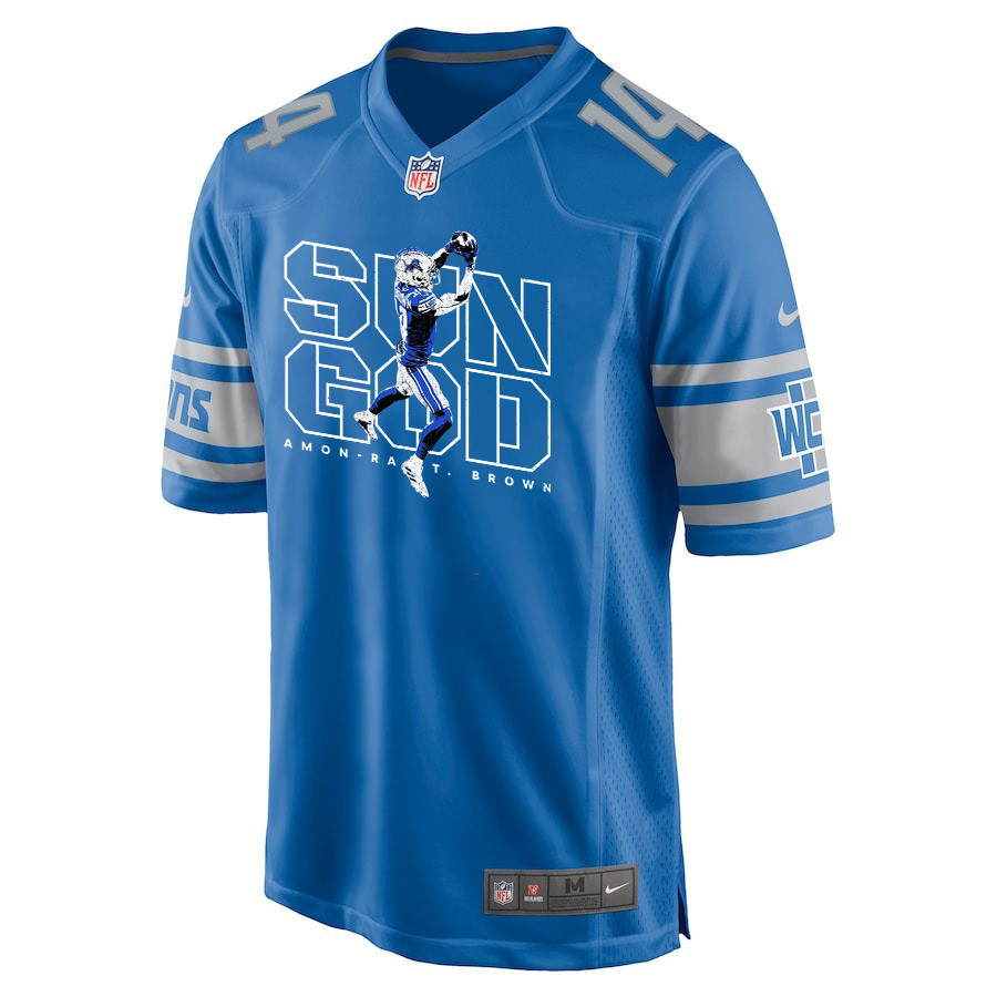 Alternative view of Amon-Ra St. Brown 14 Detroit Lions Sun God Game Men Jersey - Blue JS8008 nicesnker