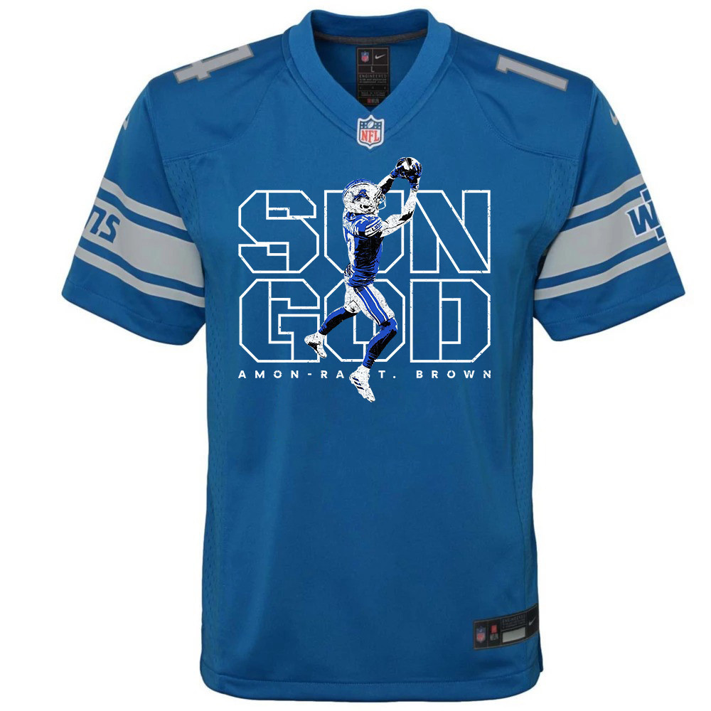 Alternative view of Amon-Ra St. Brown 14 Detroit Lions Sun God Game YOUTH Jersey - Blue JS9146 nicesnker