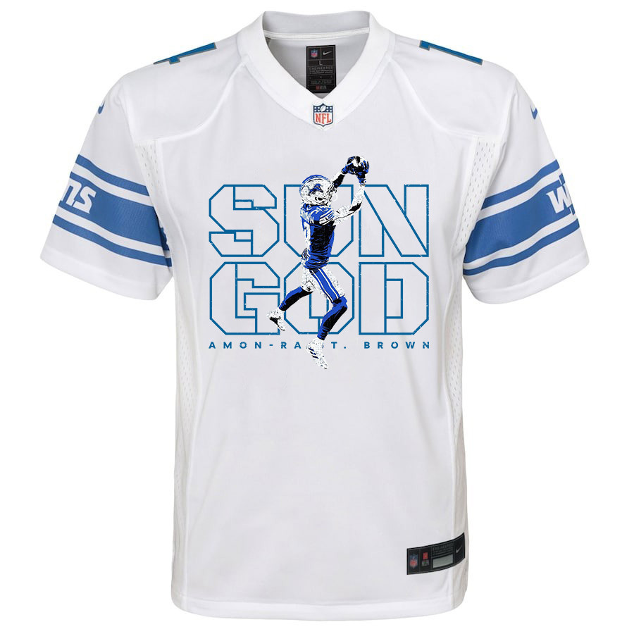 Alternative view of Amon-Ra St. Brown 14 Detroit Lions Sun God Game YOUTH Jersey - White JS5479 nicesnker