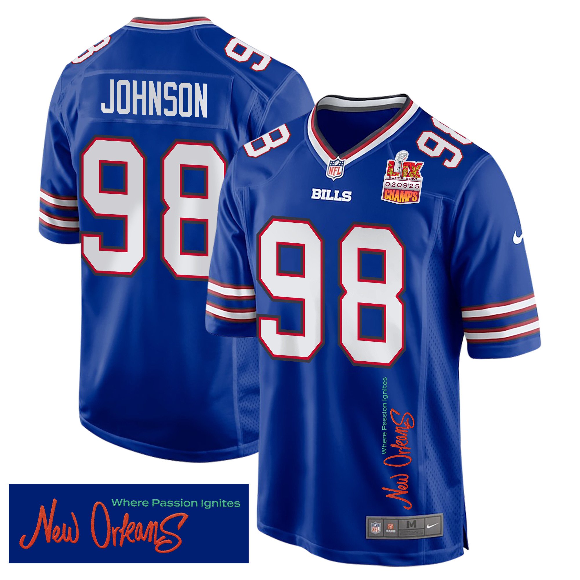 Austin Johnson 98 Buffalo Bills Super Bowl LIX Champions Patch 'New Orleans - Where Passion Ignites' EMBROIDERED Game Men Jersey - Royal JS7124 nicesnker