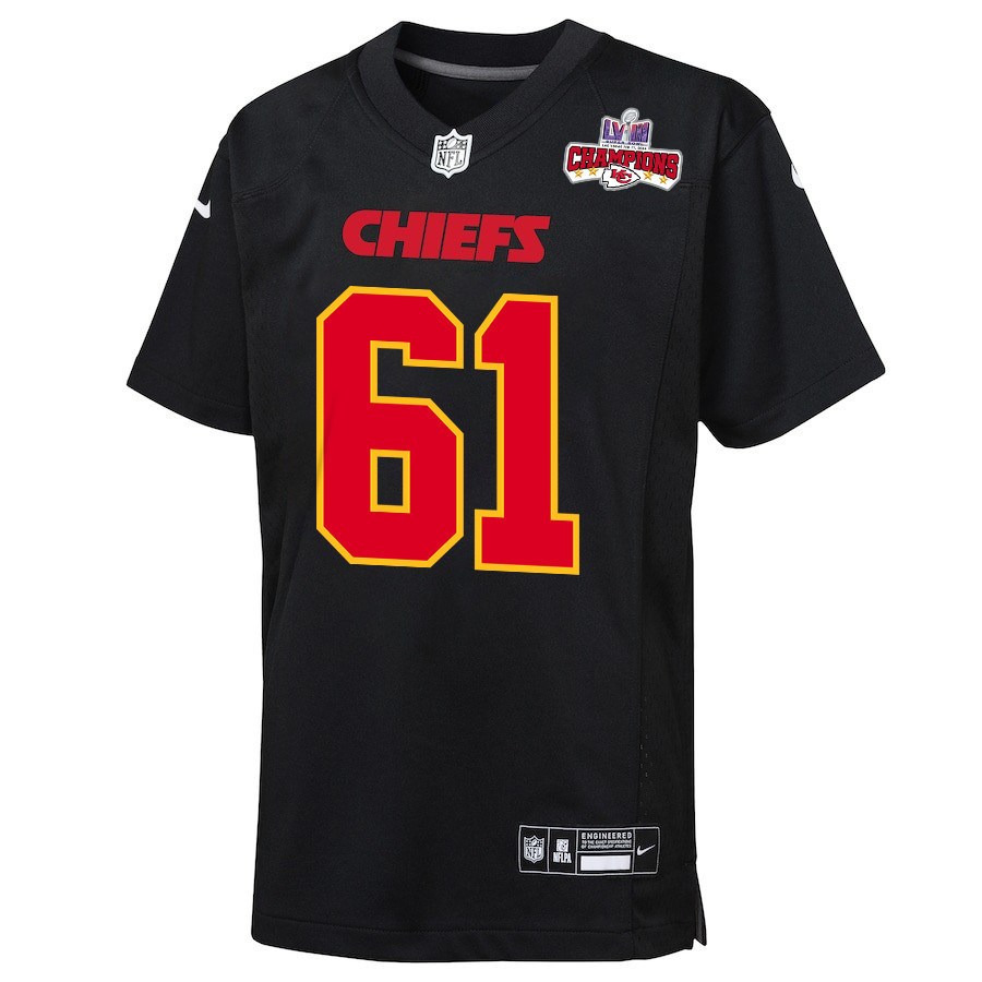 Alternative view of Austin Reiter 61 Kansas City Chiefs Super Bowl LVIII Champions 4 Stars Patch Fashion Game YOUTH Jersey - Carbon Black JS2096 nicesnker