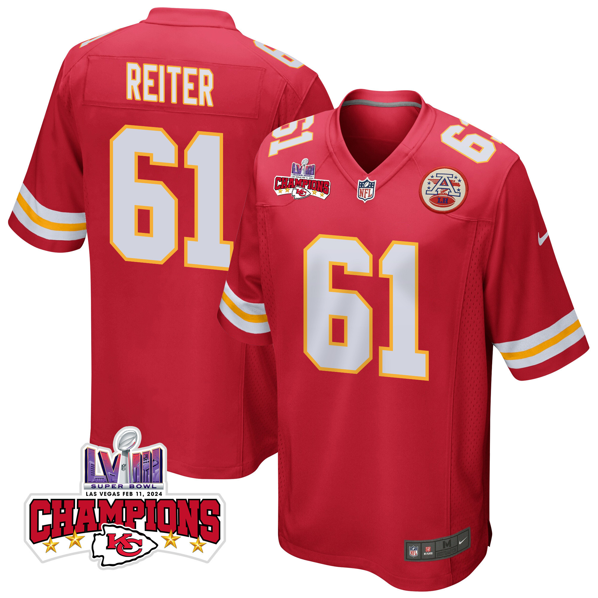 Austin Reiter 61 Kansas City Chiefs Super Bowl LVIII Champions 4 Stars Patch Game Men Jersey - Red JS5292 nicesnker
