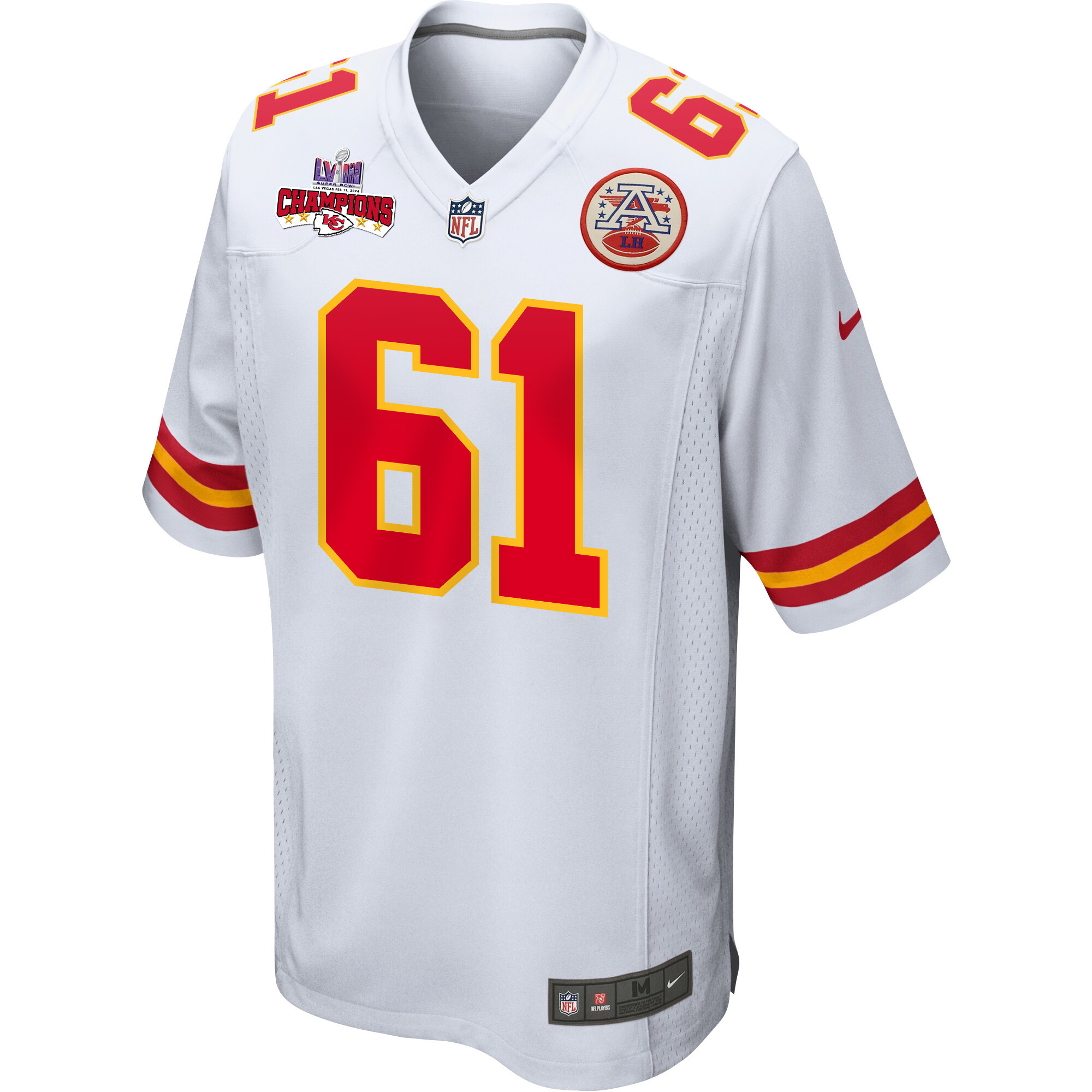 Alternative view of Austin Reiter 61 Kansas City Chiefs Super Bowl LVIII Champions 4 Stars Patch Game Men Jersey - White JS5738 nicesnker