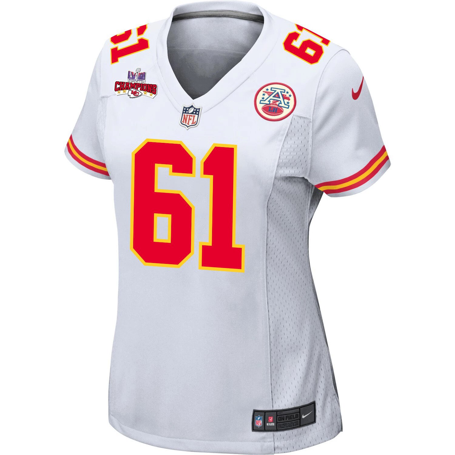 Alternative view of Austin Reiter 61 Kansas City Chiefs Super Bowl LVIII Champions 4 Stars Patch Game Women Jersey - White JS2096 nicesnker