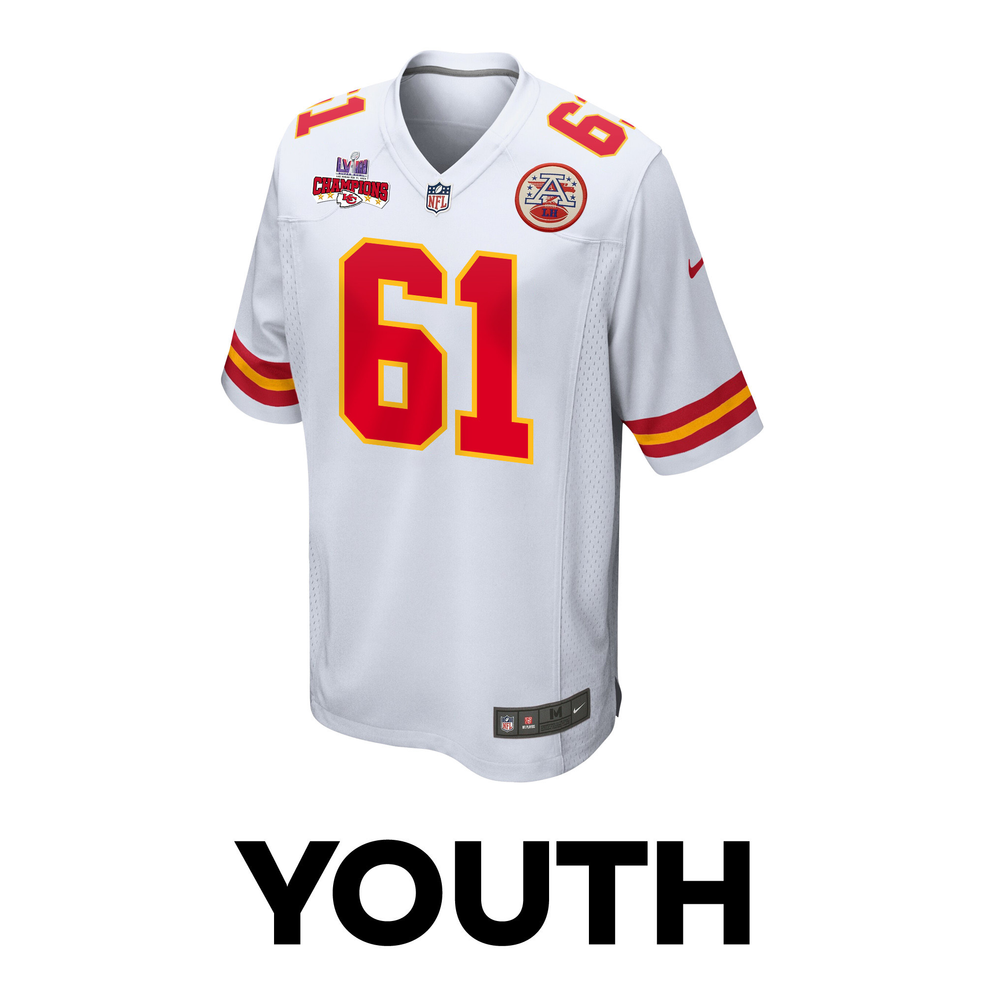 Alternative view of Austin Reiter 61 Kansas City Chiefs Super Bowl LVIII Champions 4 Stars Patch Game YOUTH Jersey - White JS3592 nicesnker