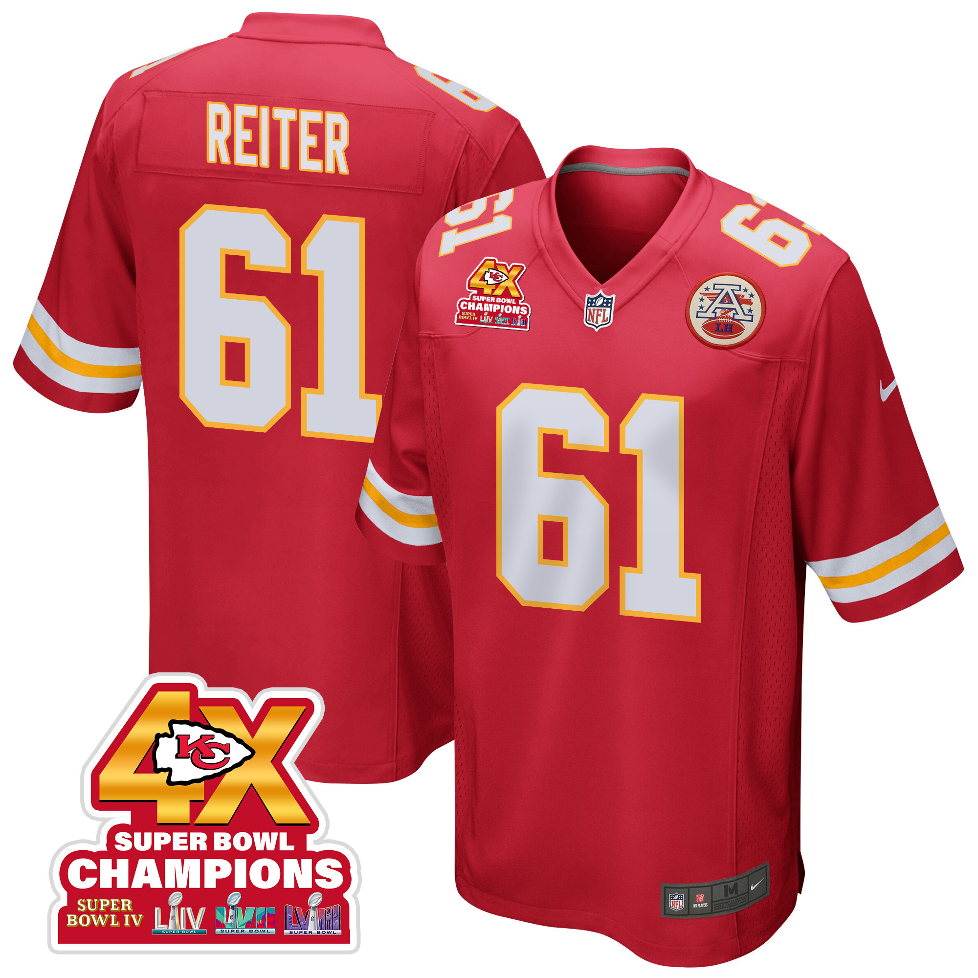 Austin Reiter 61 Kansas City Chiefs Super Bowl LVIII Champions 4X Game Men Jersey - Red JS4192 nicesnker