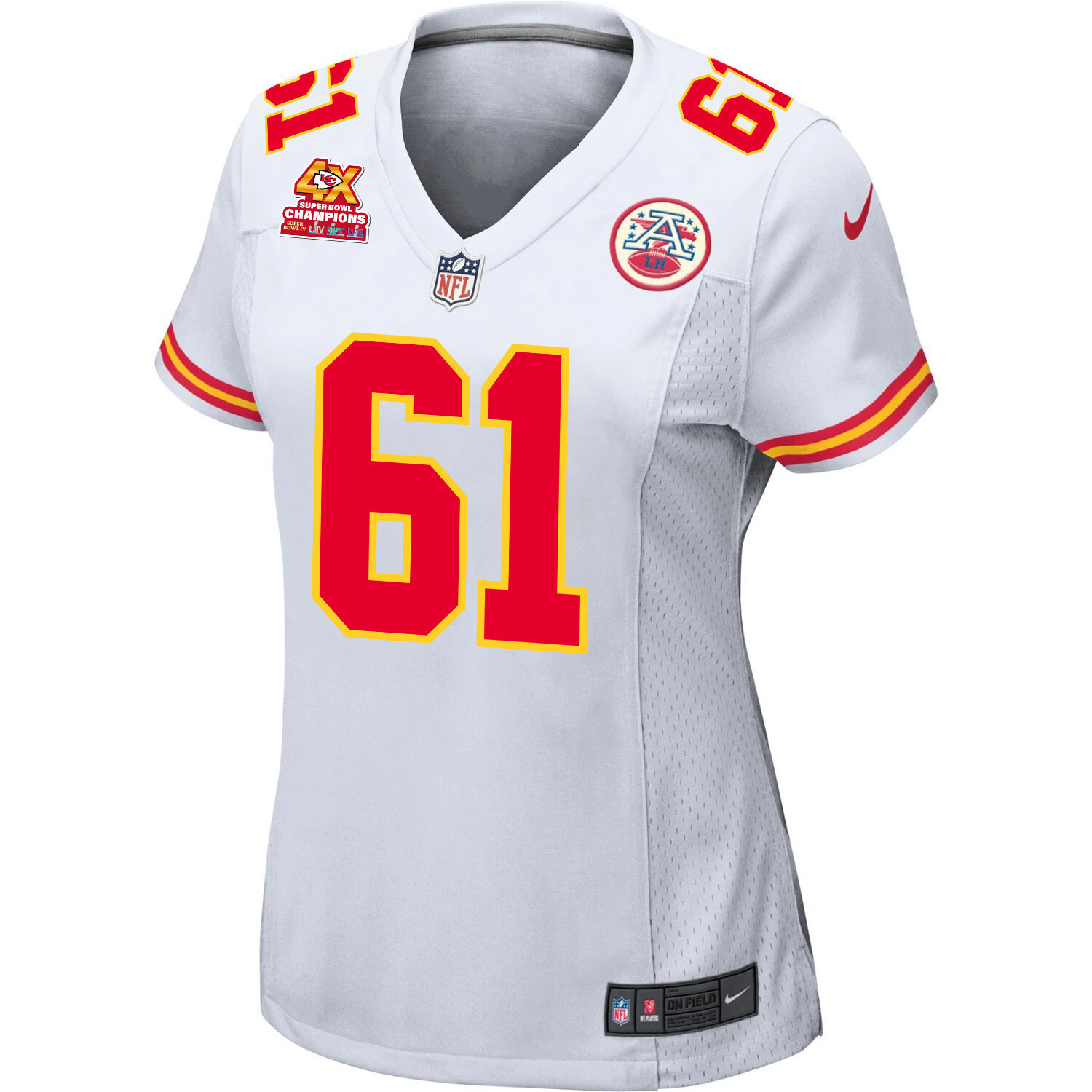 Alternative view of Austin Reiter 61 Kansas City Chiefs Super Bowl LVIII Champions 4X Game Women Jersey - White JS1809 nicesnker