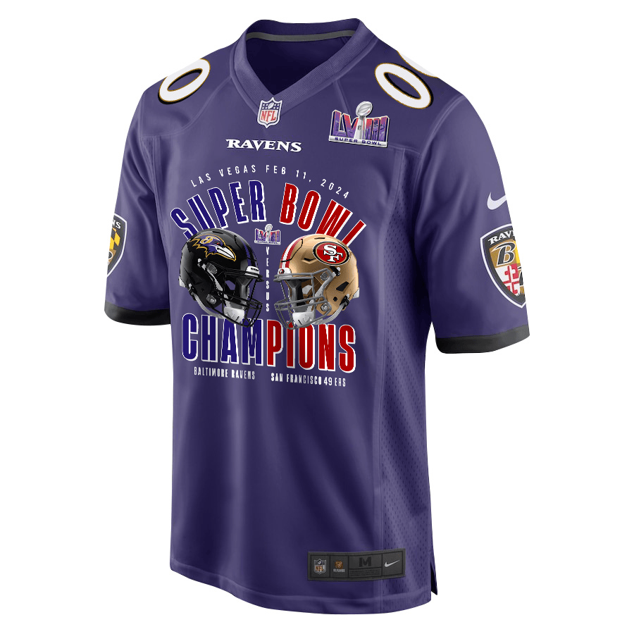 Alternative view of Baltimore Ravens vs. San Francisco 49ers Super Bowl LVIII Matchup Game Custom Men Jersey - Purple JS7028 nicesnker