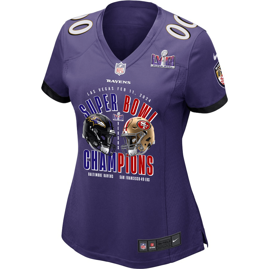 Alternative view of Baltimore Ravens vs. San Francisco 49ers Super Bowl LVIII Matchup Game Custom Women Jersey - Purple JS3540 nicesnker