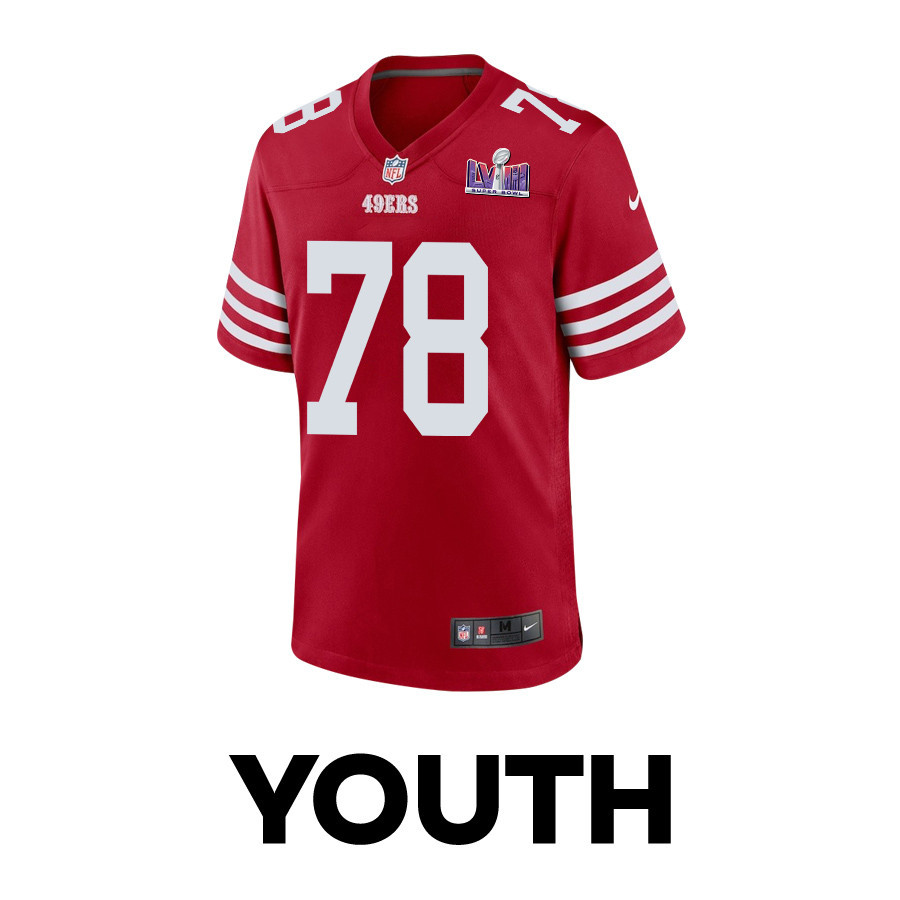 Alternative view of Ben Bartch 78 San Francisco 49ers Super Bowl LVIII Patch Game YOUTH Jersey - Scarlet JS1416 nicesnker