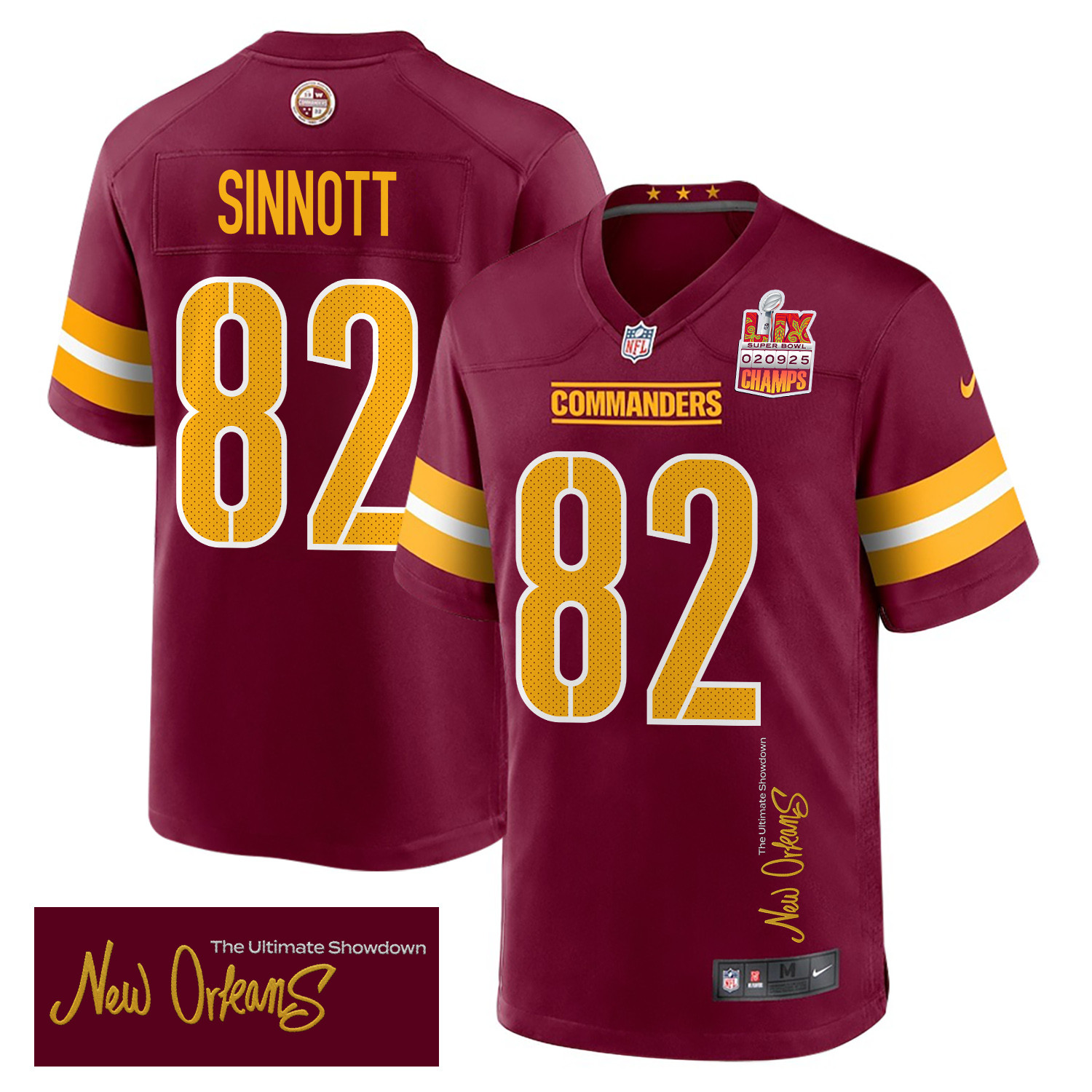 Ben Sinnott 82 Washington Commanders Super Bowl LIX Champions Patch 'New Orleans - The Ultimate Showdown' EMBROIDERED Game Men Jersey - Burgundy JS3266 nicesnker