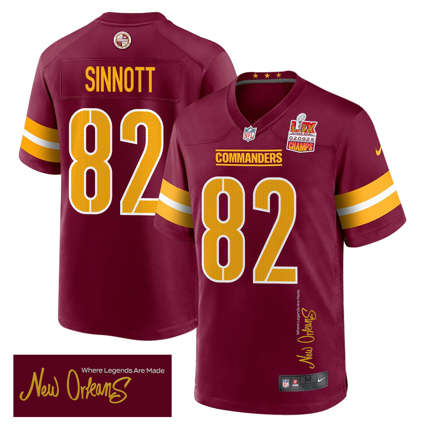 Ben Sinnott 82 Washington Commanders Super Bowl LIX Champions Patch 'New Orleans - Where Legends Are Made' EMBROIDERED Game Men Jersey - Burgundy JS9485 nicesnker