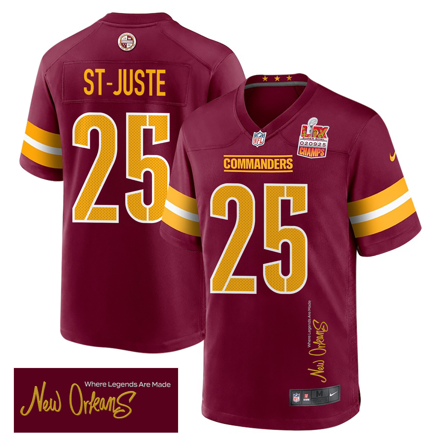 Benjamin St-Juste 25 Washington Commanders Super Bowl LIX Champions Patch 'New Orleans - Where Legends Are Made' EMBROIDERED Game Men Jersey - Burgundy JS9109 nicesnker