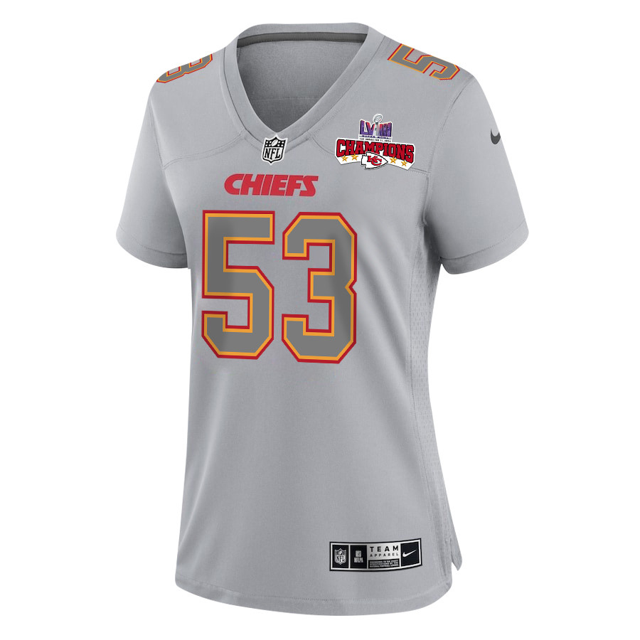 Alternative view of BJ Thompson 53 Kansas City Chiefs Super Bowl LVIII Champions 4 Stars Patch Atmosphere Fashion Game Women Jersey - Gray JS7761 nicesnker