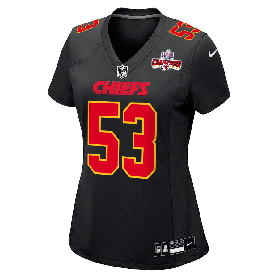 Alternative view of BJ Thompson 53 Kansas City Chiefs Super Bowl LVIII Champions 4 Stars Patch Fashion Game Women Jersey - Carbon Black JS7091 nicesnker