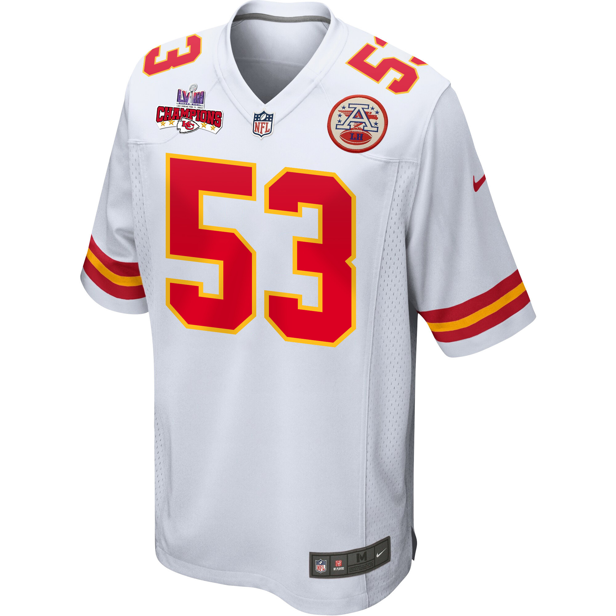 Alternative view of BJ Thompson 53 Kansas City Chiefs Super Bowl LVIII Champions 4 Stars Patch Game Men Jersey - White JS4783 nicesnker