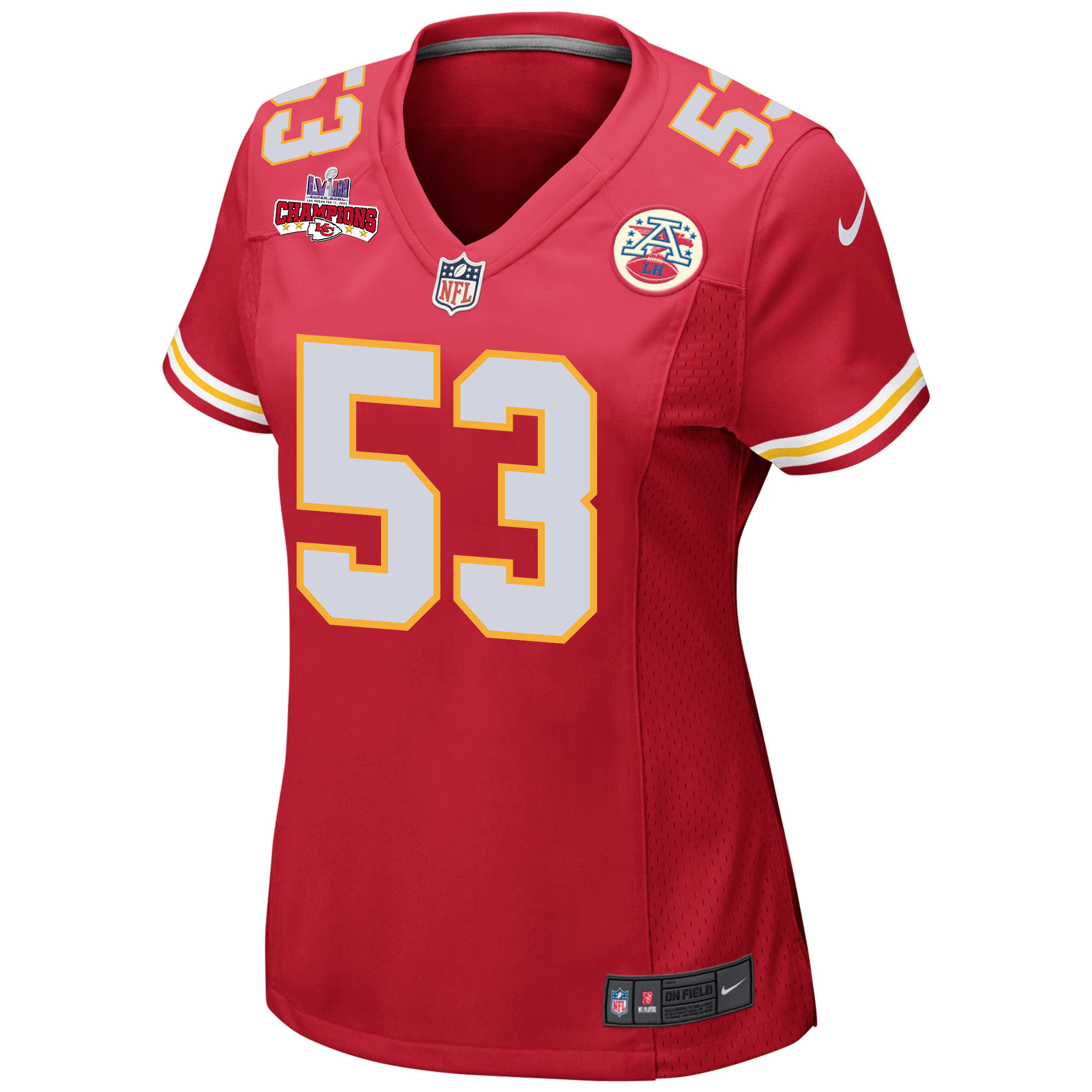 Alternative view of BJ Thompson 53 Kansas City Chiefs Super Bowl LVIII Champions 4 Stars Patch Game Women Jersey - Red JS1588 nicesnker