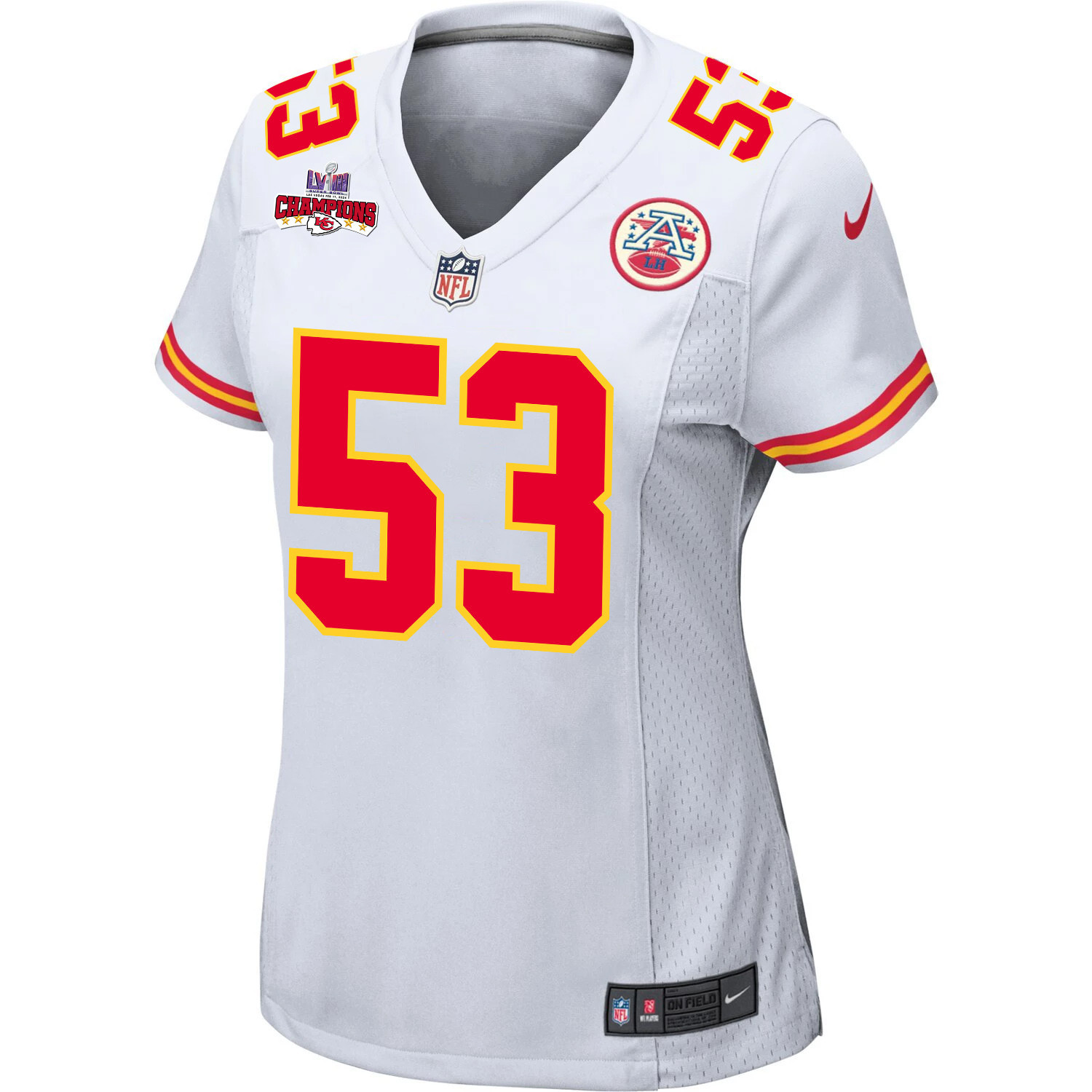 Alternative view of BJ Thompson 53 Kansas City Chiefs Super Bowl LVIII Champions 4 Stars Patch Game Women Jersey - White JS6256 nicesnker