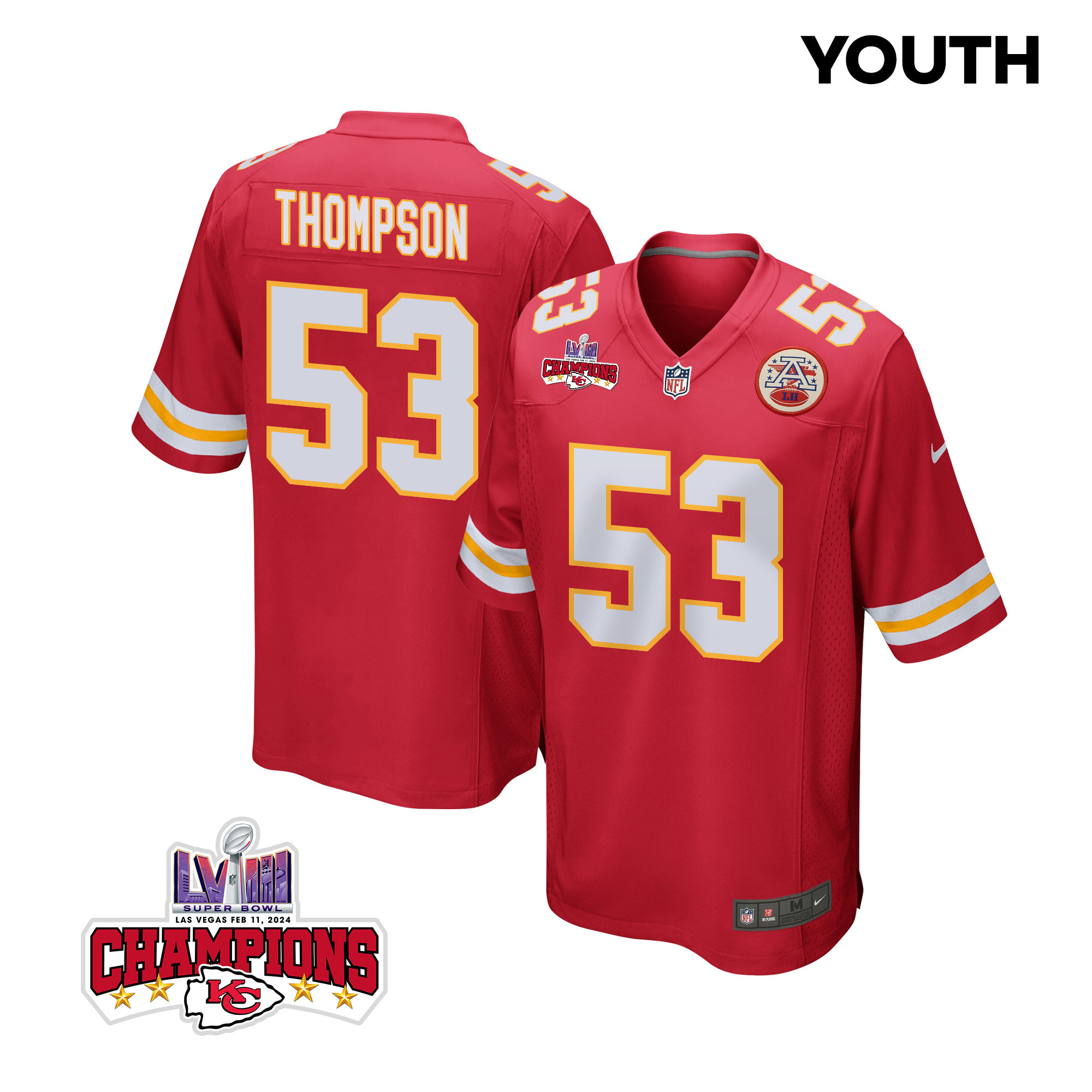 BJ Thompson 53 Kansas City Chiefs Super Bowl LVIII Champions 4 Stars Patch Game YOUTH Jersey - Red JS3056 nicesnker