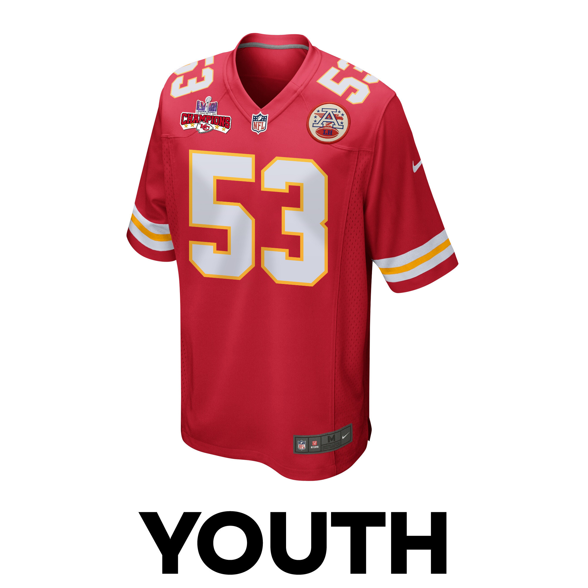 Alternative view of BJ Thompson 53 Kansas City Chiefs Super Bowl LVIII Champions 4 Stars Patch Game YOUTH Jersey - Red JS3056 nicesnker