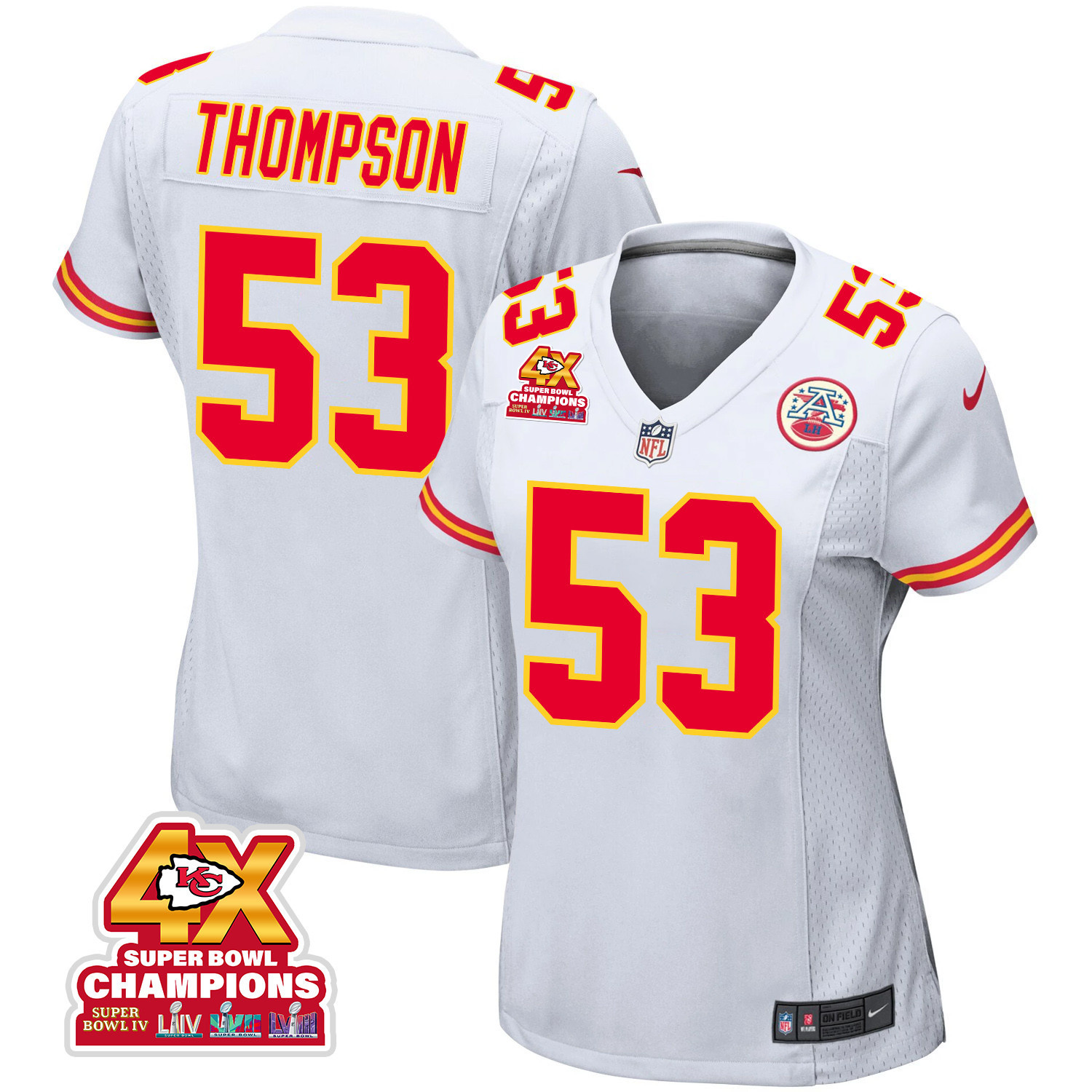 BJ Thompson 53 Kansas City Chiefs Super Bowl LVIII Champions 4X Game Women Jersey - White JS1117 nicesnker