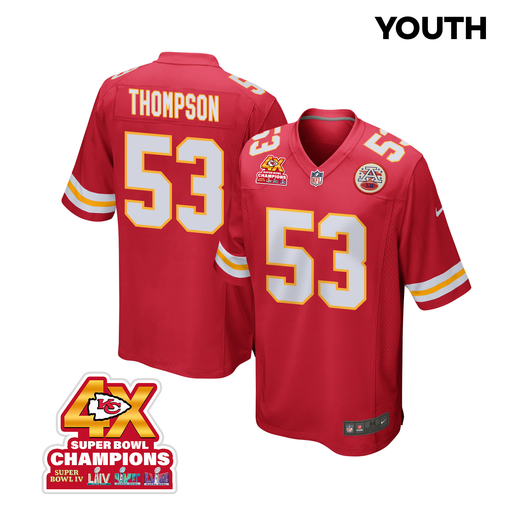 BJ Thompson 53 Kansas City Chiefs Super Bowl LVIII Champions 4X Game YOUTH Jersey - Red JS8739 nicesnker
