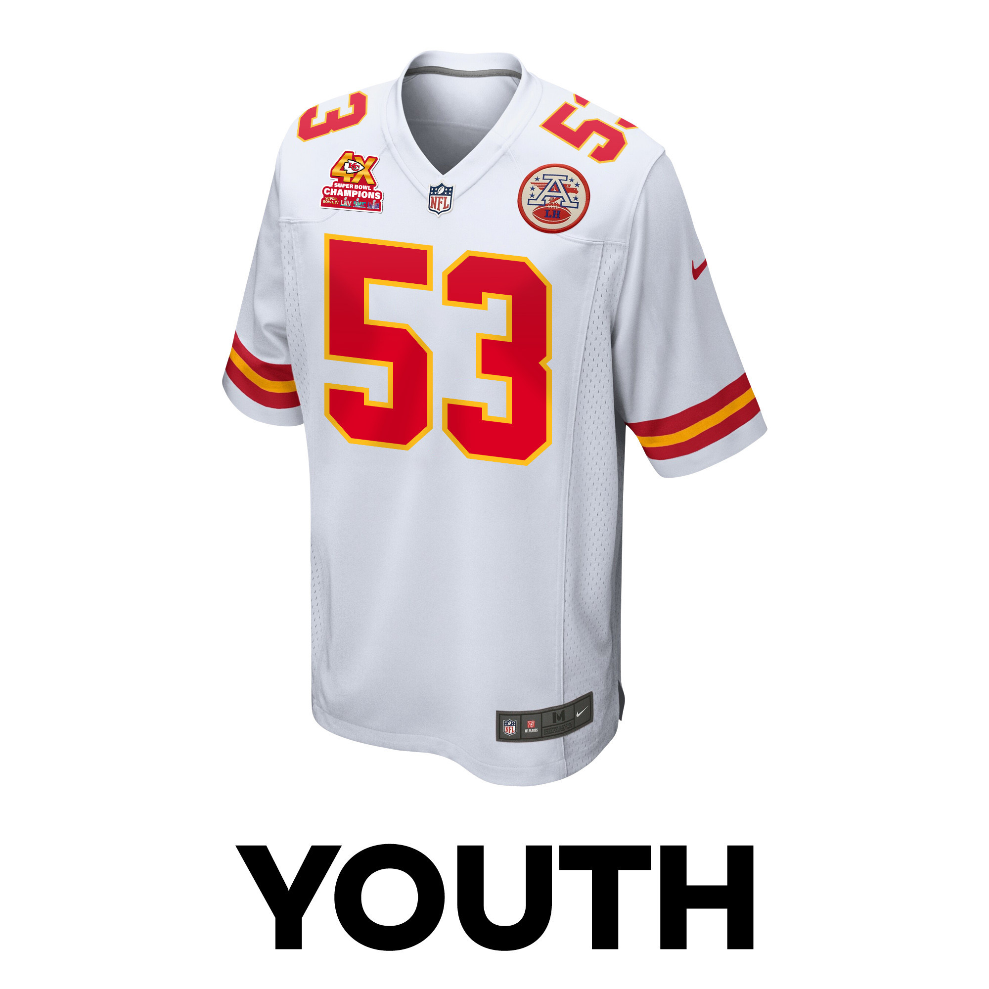 Alternative view of BJ Thompson 53 Kansas City Chiefs Super Bowl LVIII Champions 4X Game YOUTH Jersey - White JS5951 nicesnker
